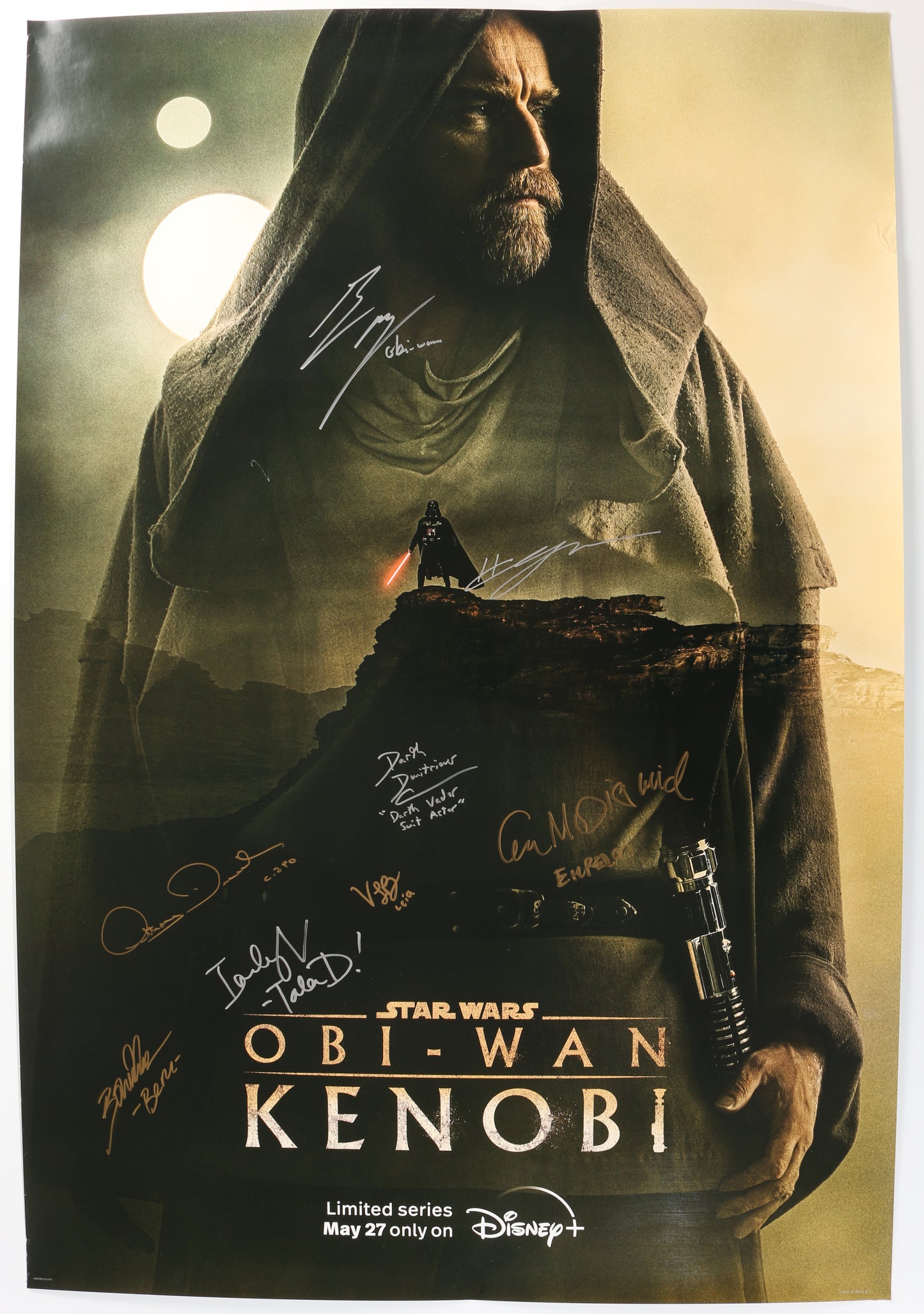 
                  
                    Star Wars: Obi-Wan Kenobi 27x40 Poster Cast Signed by Ewan McGregor, Hayden Christensen, Anthony Daniels, Dmitrious Bistrevsky, Indira Varma, Ian McDiarmid, Vivien Lyra Blair, & Bonnie Piesse with Character Names
                  
                