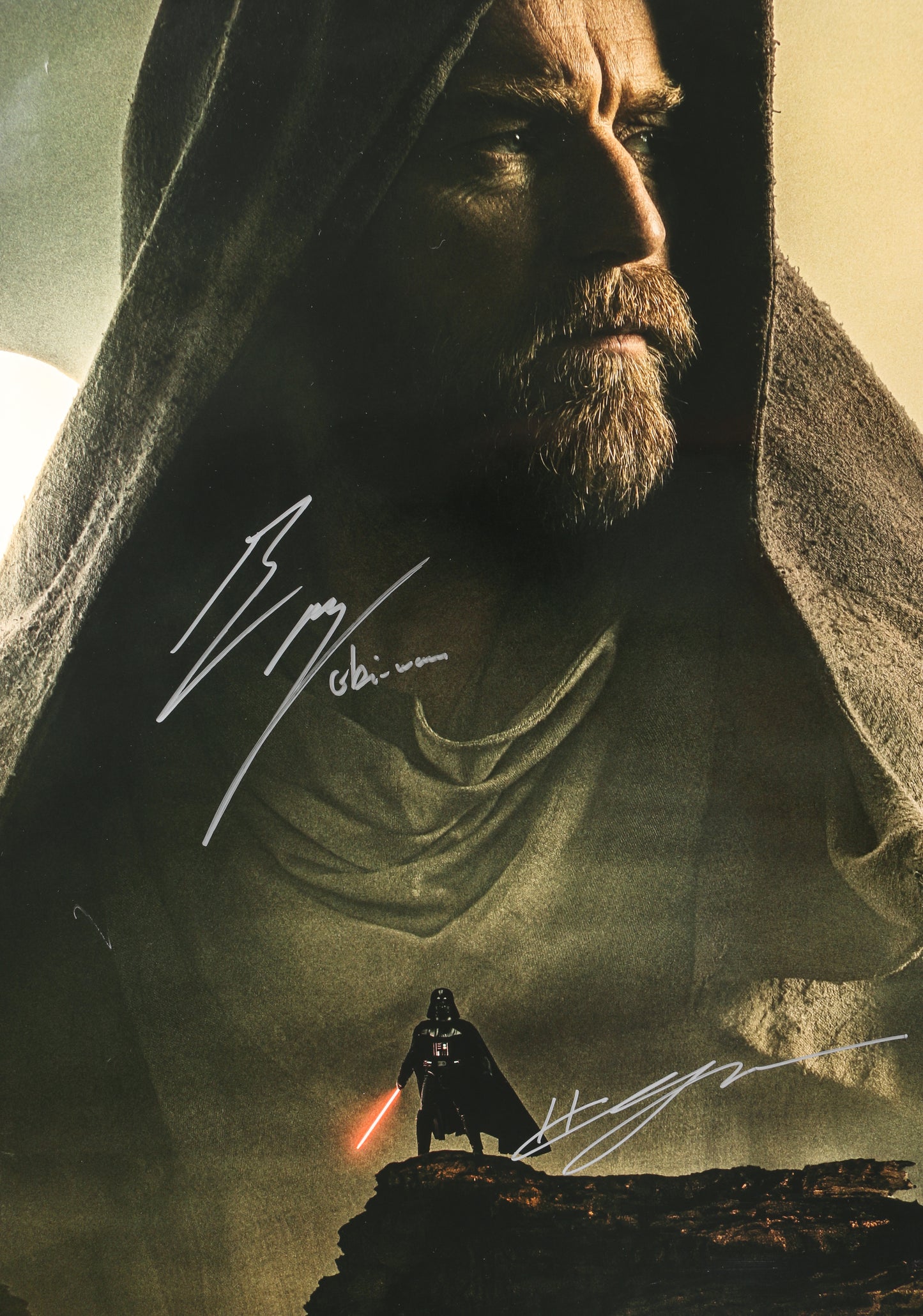 
                  
                    Star Wars: Obi-Wan Kenobi 27x40 Poster Cast Signed by Ewan McGregor, Hayden Christensen, Anthony Daniels, Dmitrious Bistrevsky, Indira Varma, Ian McDiarmid, Vivien Lyra Blair, & Bonnie Piesse with Character Names
                  
                