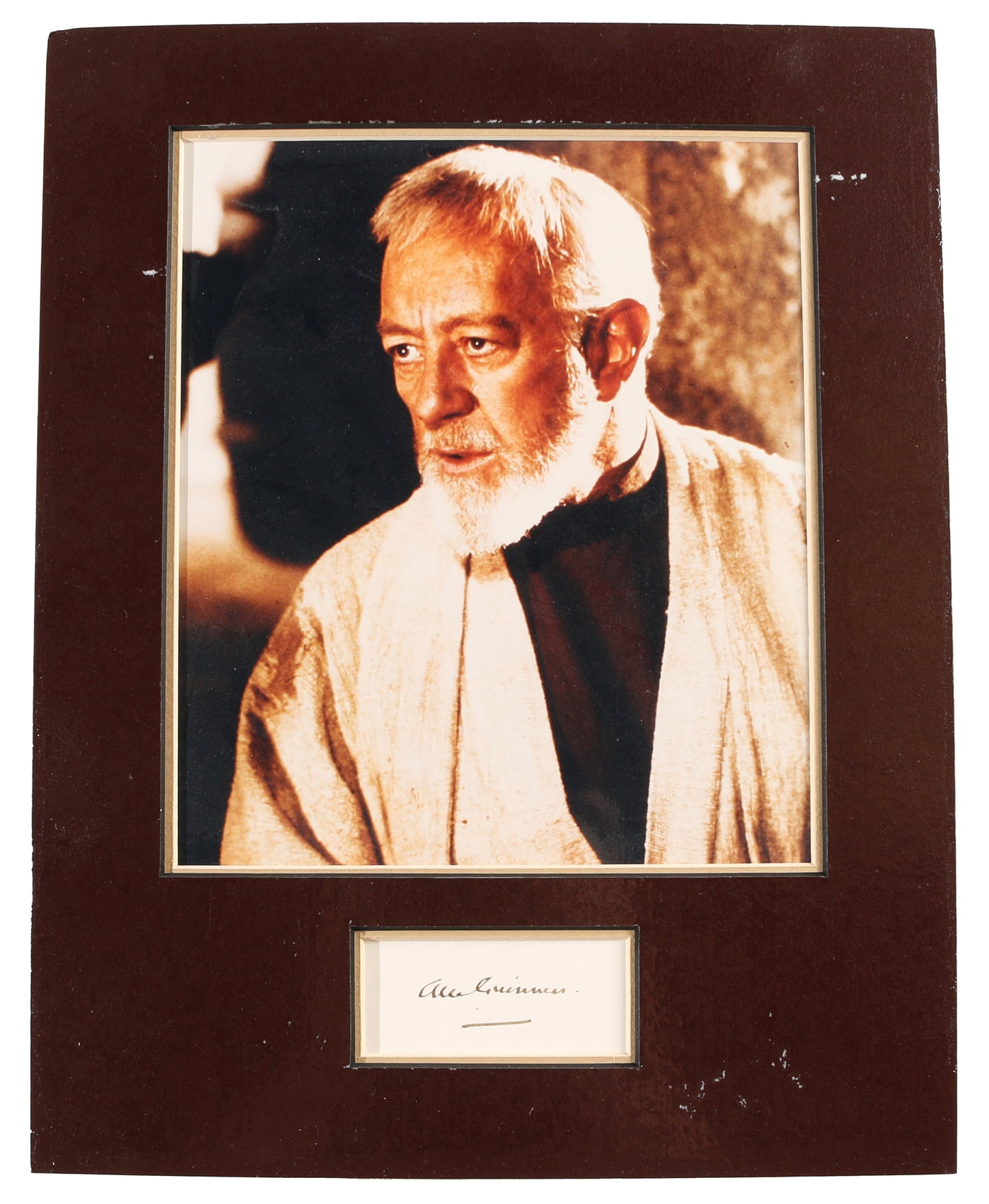 
                  
                    Alec Guinness as Obi-Wan Kenobi in Star Wars: A New Hope Signed Index Card Matted with an 8x10 Photo
                  
                