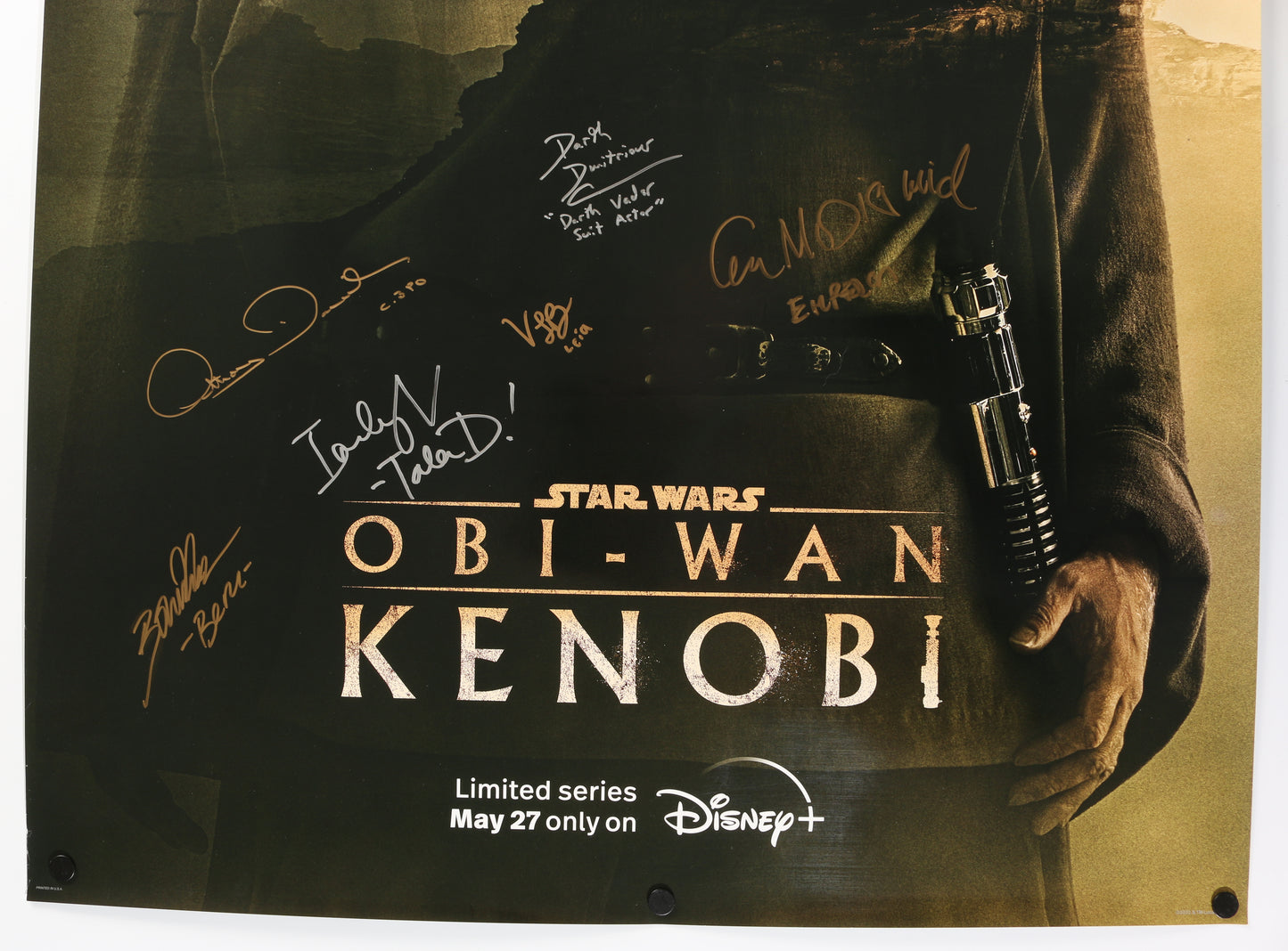 
                  
                    Star Wars: Obi-Wan Kenobi 27x40 Poster Cast Signed by Ewan McGregor, Hayden Christensen, Anthony Daniels, Dmitrious Bistrevsky, Indira Varma, Ian McDiarmid, Vivien Lyra Blair, & Bonnie Piesse with Character Names
                  
                