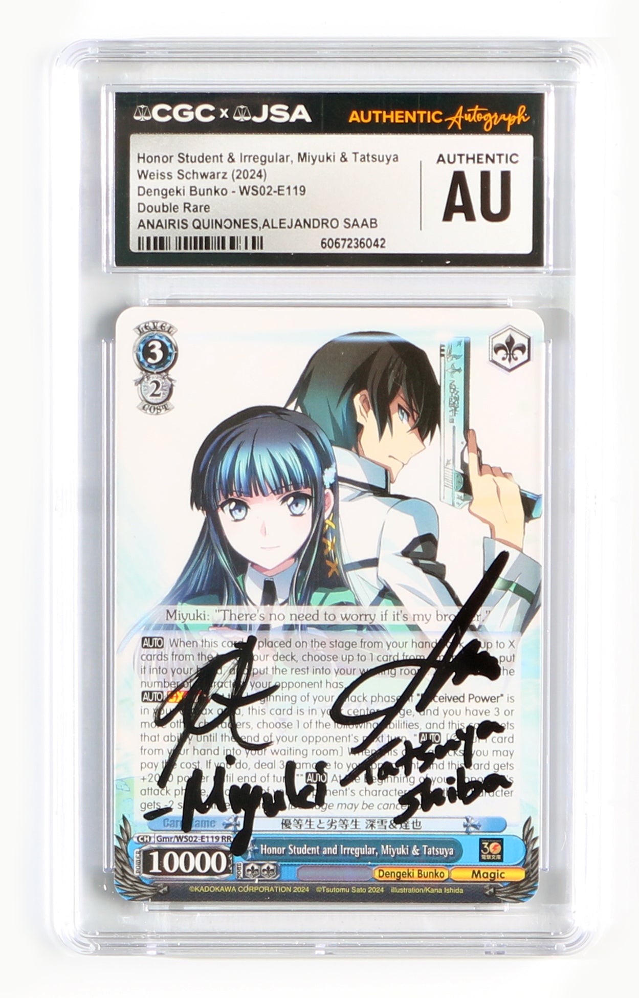 
                  
                    Anairis Quinones as Miyuki & Alejandro Saab as Tatsuya in Dengeki Bunko (CGC / JSA Encapsulated) Signed Weiss Schwarz Trading Card WS02-E119 with Charater Names
                  
                