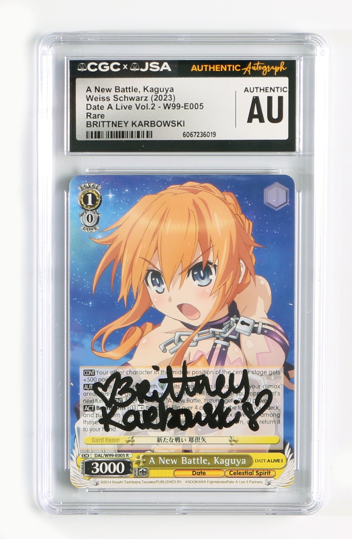 
                  
                    Brittney Karbowski as Kaguya in Date A Live Vol. 2 (CGC / JSA Encapsulated) Signed Weiss Schwarz Trading Card W99-E005
                  
                