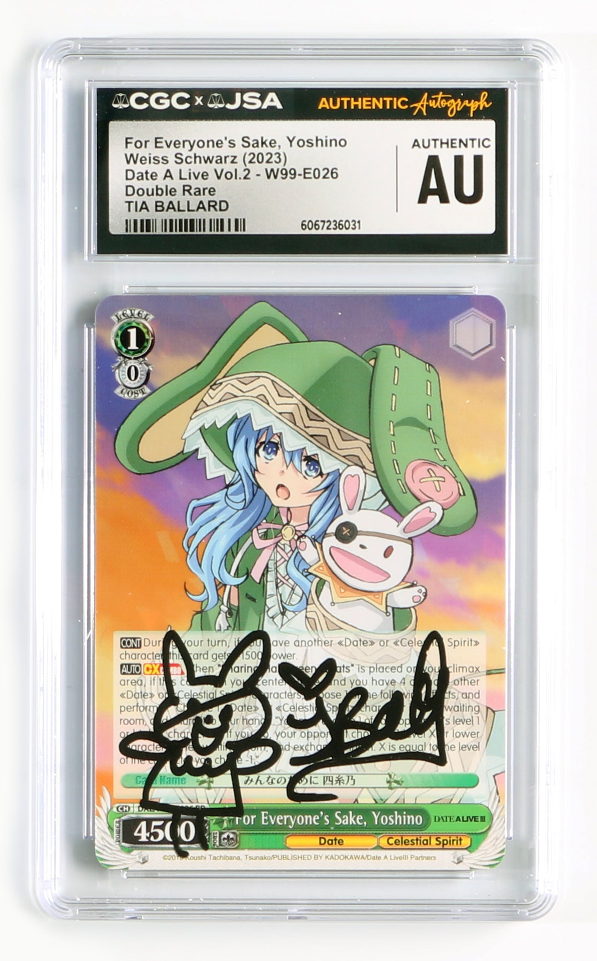 
                  
                    Tia Ballard as Yoshino in Date A Live Vol. 2 (CGC / JSA Encapsulated) Signed Weiss Schwarz Trading Card W99-E026 with Remark
                  
                
