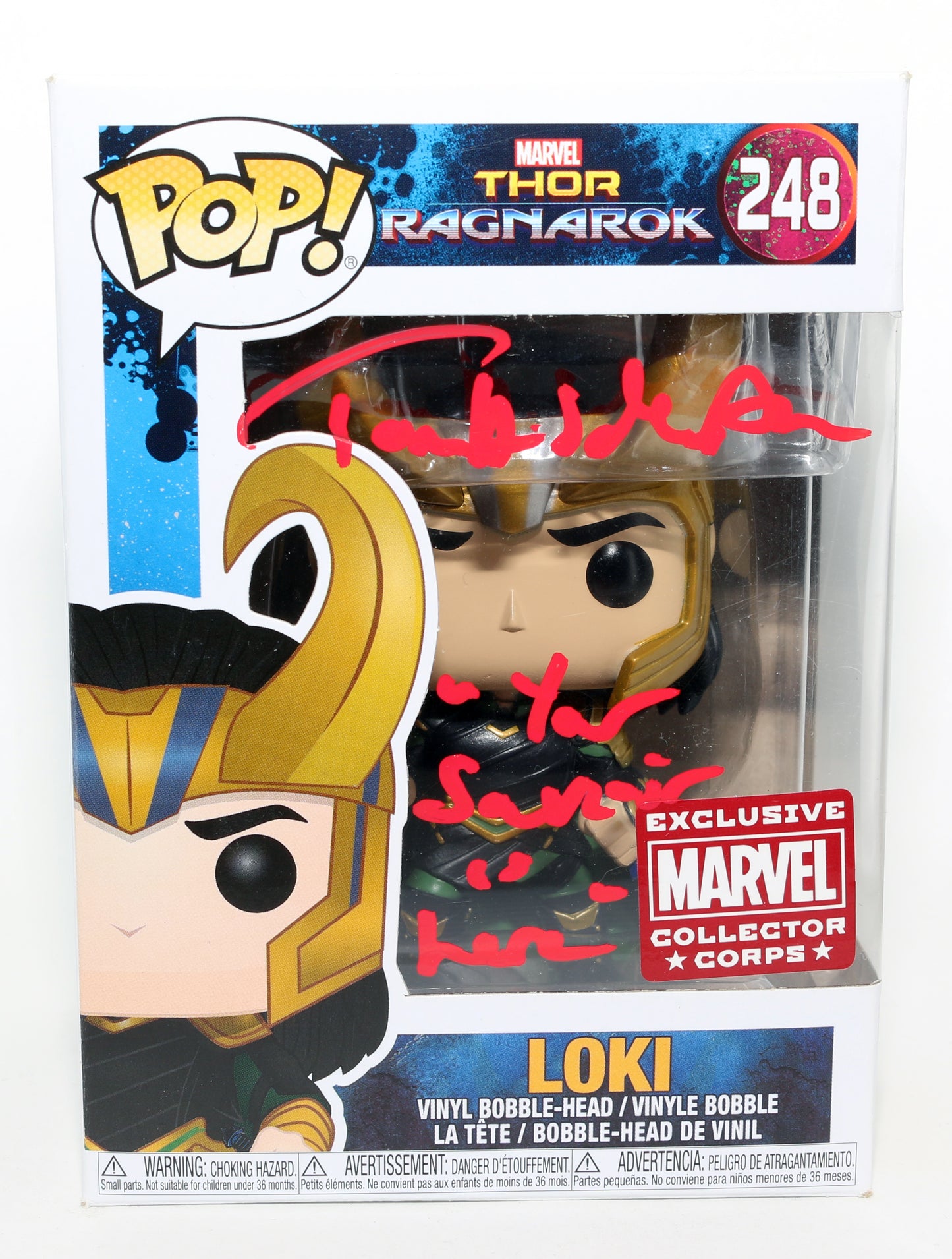 
                  
                    Tom Hiddleston as Loki [With Helmet] in Thor: Ragnarok Marvel Collector Corps Exclusive (JSA) Signed Funko POP! #248 with Quote
                  
                