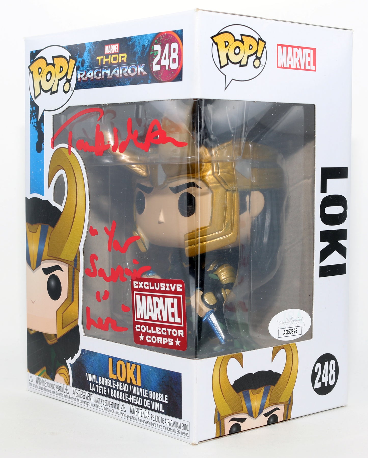 
                  
                    Tom Hiddleston as Loki [With Helmet] in Thor: Ragnarok Marvel Collector Corps Exclusive (JSA) Signed Funko POP! #248 with Quote
                  
                