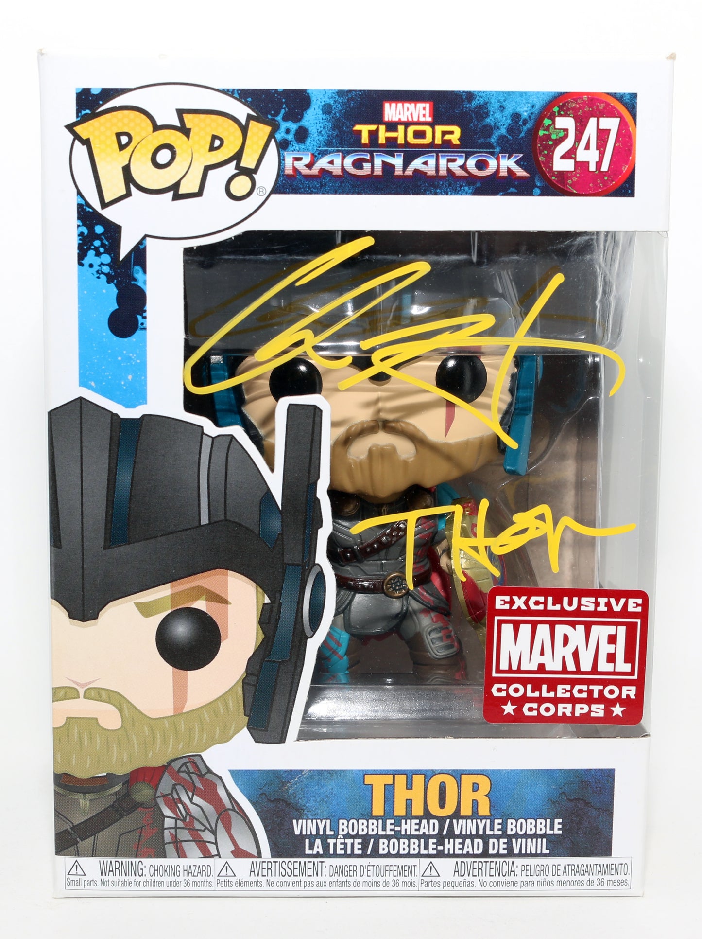 
                  
                    Chris Hemsworth as Thor [With Helmet] in Thor: Ragnarok Marvel Collector Corps Exclusive (SWAU) Signed Funko POP! #247 with Character Name
                  
                