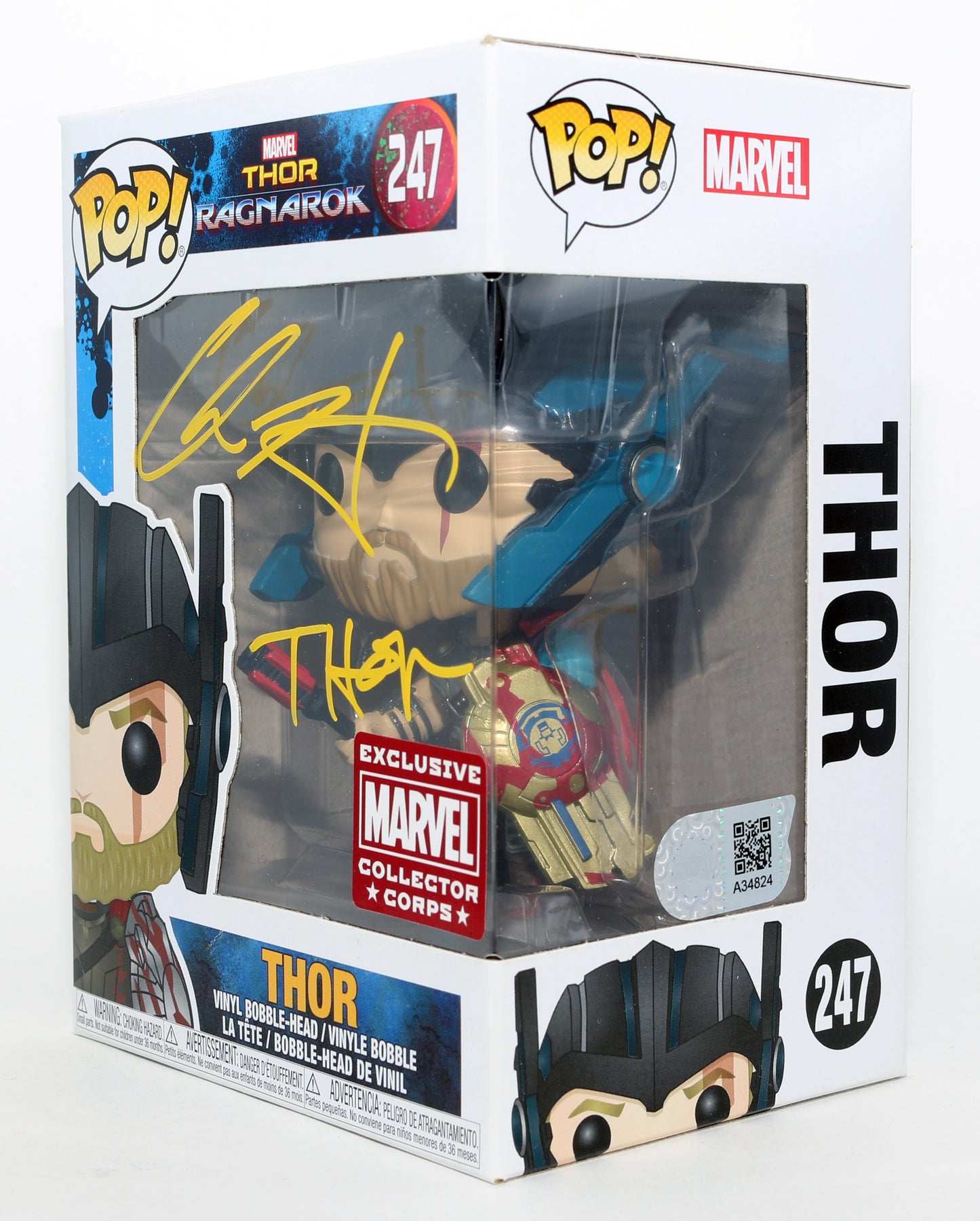 
                  
                    Chris Hemsworth as Thor [With Helmet] in Thor: Ragnarok Marvel Collector Corps Exclusive (SWAU) Signed Funko POP! #247 with Character Name
                  
                