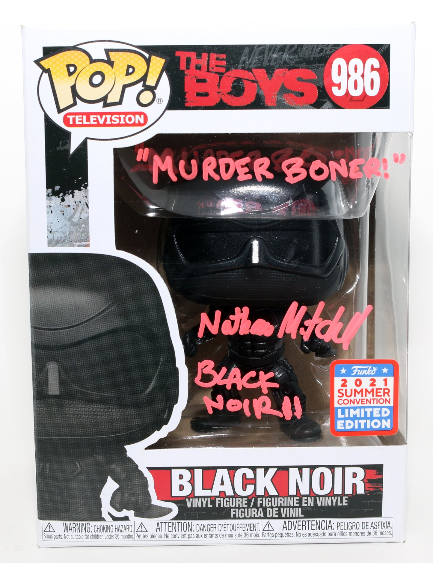 
                  
                    Nathan Mitchell as Black Noir 2 in The Boys 2021 Summer Con Exclusive Signed Funko POP! #986 with Character Name & Quote
                  
                