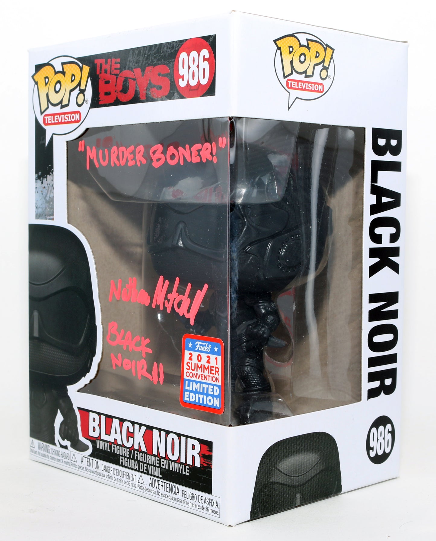 
                  
                    Nathan Mitchell as Black Noir 2 in The Boys 2021 Summer Con Exclusive Signed Funko POP! #986 with Character Name & Quote
                  
                