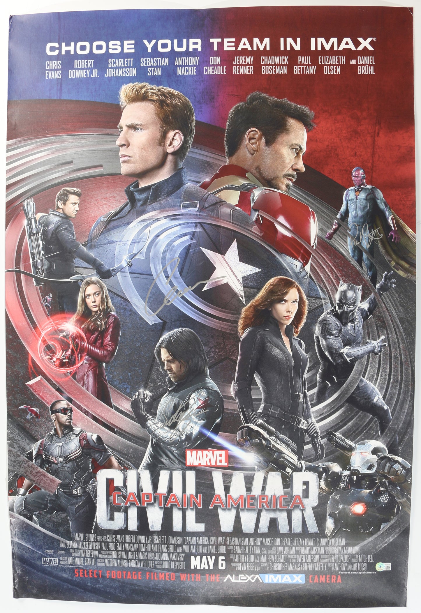 
                  
                    Captain America: Civil War 27x40 Poster (Beckett Witnessed) Cast Signed by Chris Evans, Sebastian Stan, & Paul Bettany
                  
                
