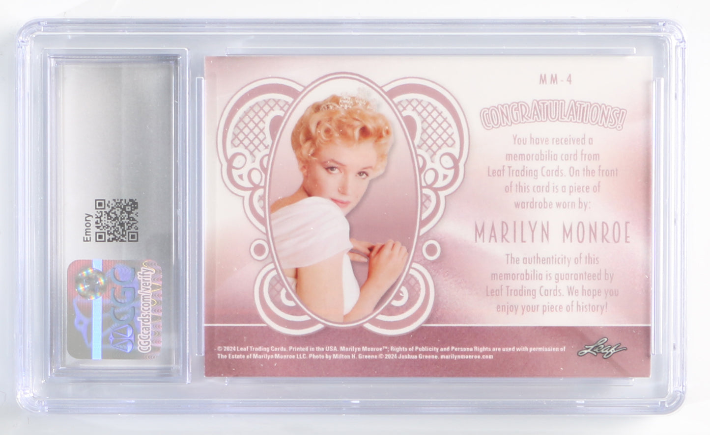 
                  
                    Marilyn Monroe (CGC Encapsulated) Leaf Memorabilia Trading Card #MM-4 Limited Edition 1/4
                  
                