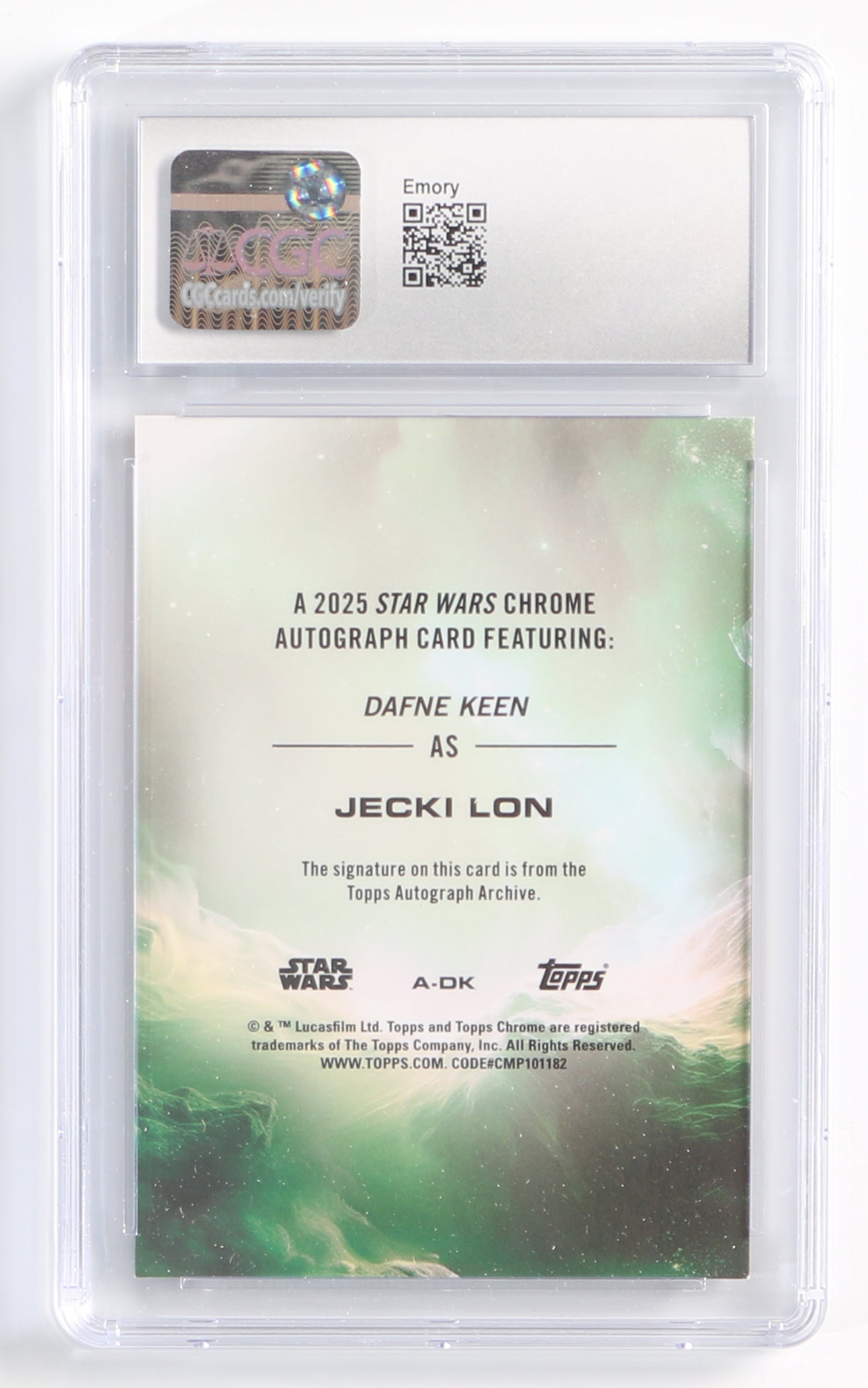 
                  
                    Dafne Keen as Jecki Lon in Star Wars: The Acolyte (CGC Encapsulated) Signed Topps Chrome Trading Card Limited Edition 27/50
                  
                
