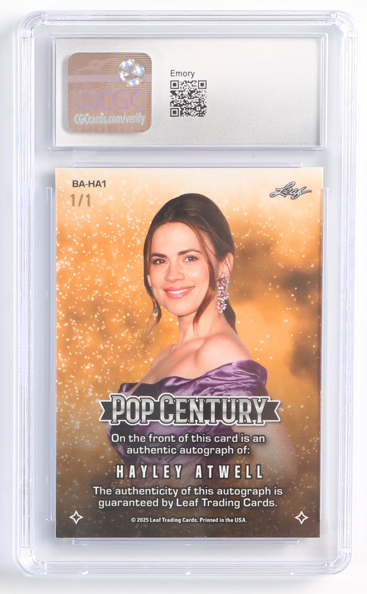 
                  
                    Hayley Atwell from Mission: Impossible, Agent Carter, & Captain America (CGC Encapsulated) Signed Leaf Pop Century Trading Card Limited Edition 1/1
                  
                
