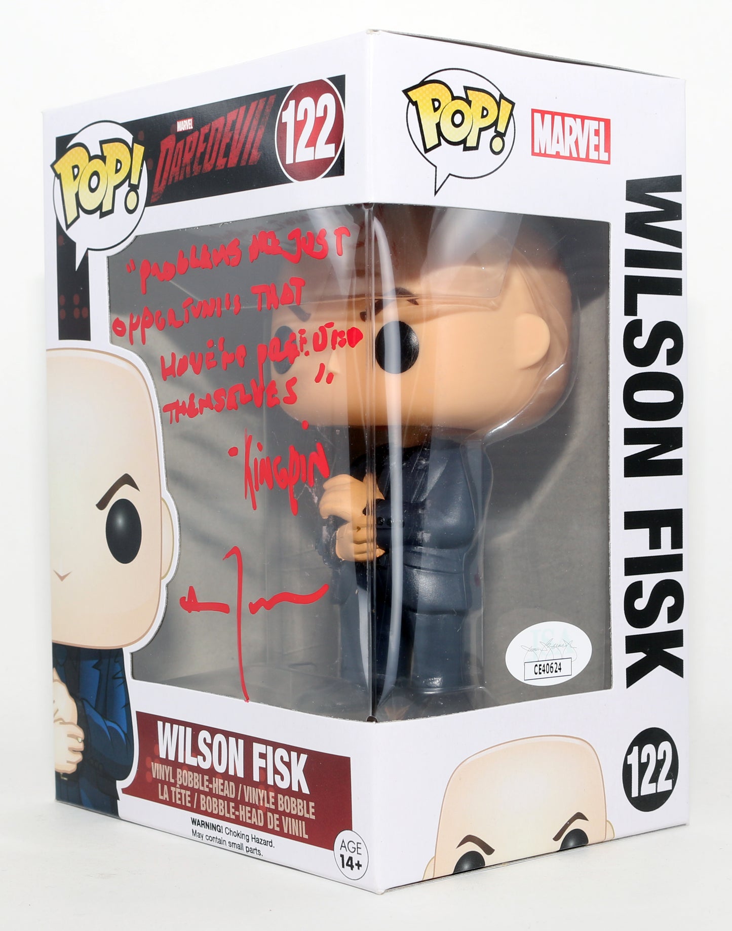 
                  
                    Vincent D'Onofrio as Wilson Fisk / Kingpin in Daredevil (JSA) Signed Funko POP! #122 with Character Name & Quote
                  
                
