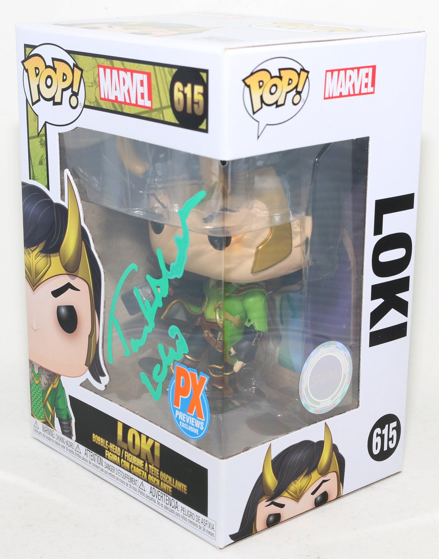 
                  
                    Tom Hiddleston as Loki in Marvel Comics Previews Exclusive (SWAU) Signed Funko POP! #615 with Character Name
                  
                