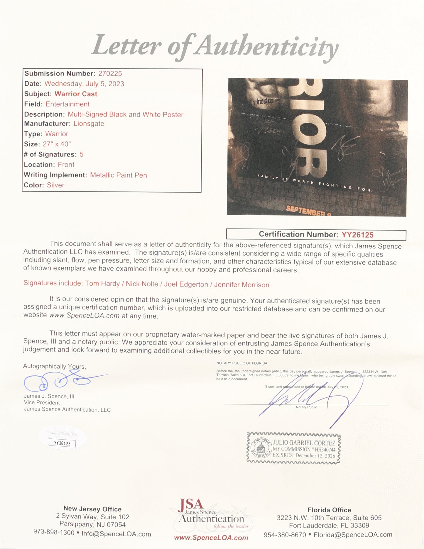
                  
                    Warrior 27x40 Poster Cast Signed by Tom Hardy, Nick Nolte, Joel Edgerton, Jennifer Morrison, & Director: Gavin O'Connor
                  
                