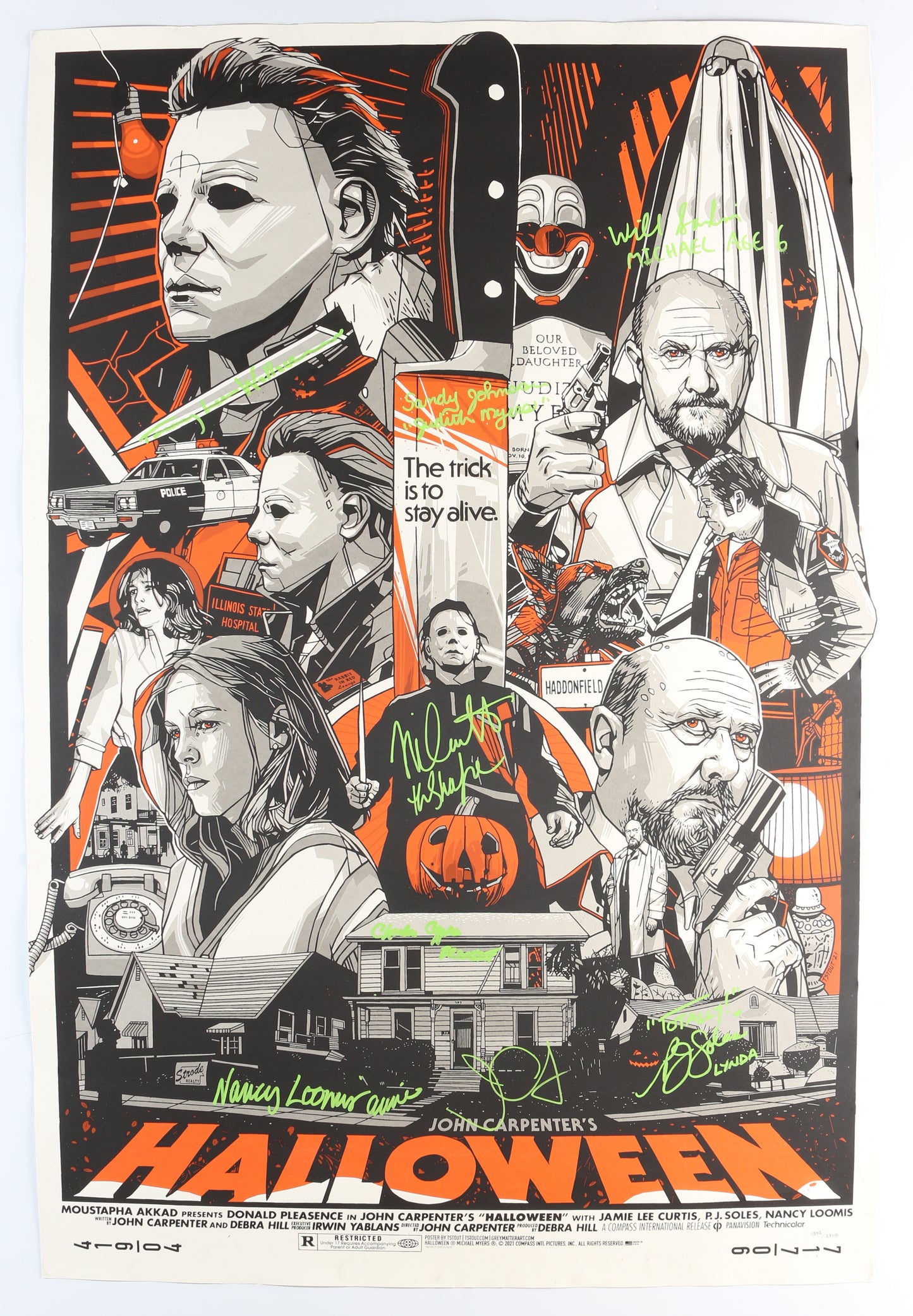 
                  
                    Halloween (JSA) Tyler Stout Limited Edition 24x36 Screen Print Poster Cast Signed by John Carpenter, Nancy Loomis, P.J. Soles, Nick Castle, Tommy Lee Wallace, Charles Cyphers, Sandy Johnson, & Will Sandin with Character Names & Quotes
                  
                
