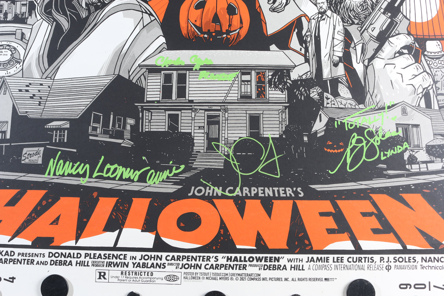 
                  
                    Halloween (JSA) Tyler Stout Limited Edition 24x36 Screen Print Poster Cast Signed by John Carpenter, Nancy Loomis, P.J. Soles, Nick Castle, Tommy Lee Wallace, Charles Cyphers, Sandy Johnson, & Will Sandin with Character Names & Quotes
                  
                