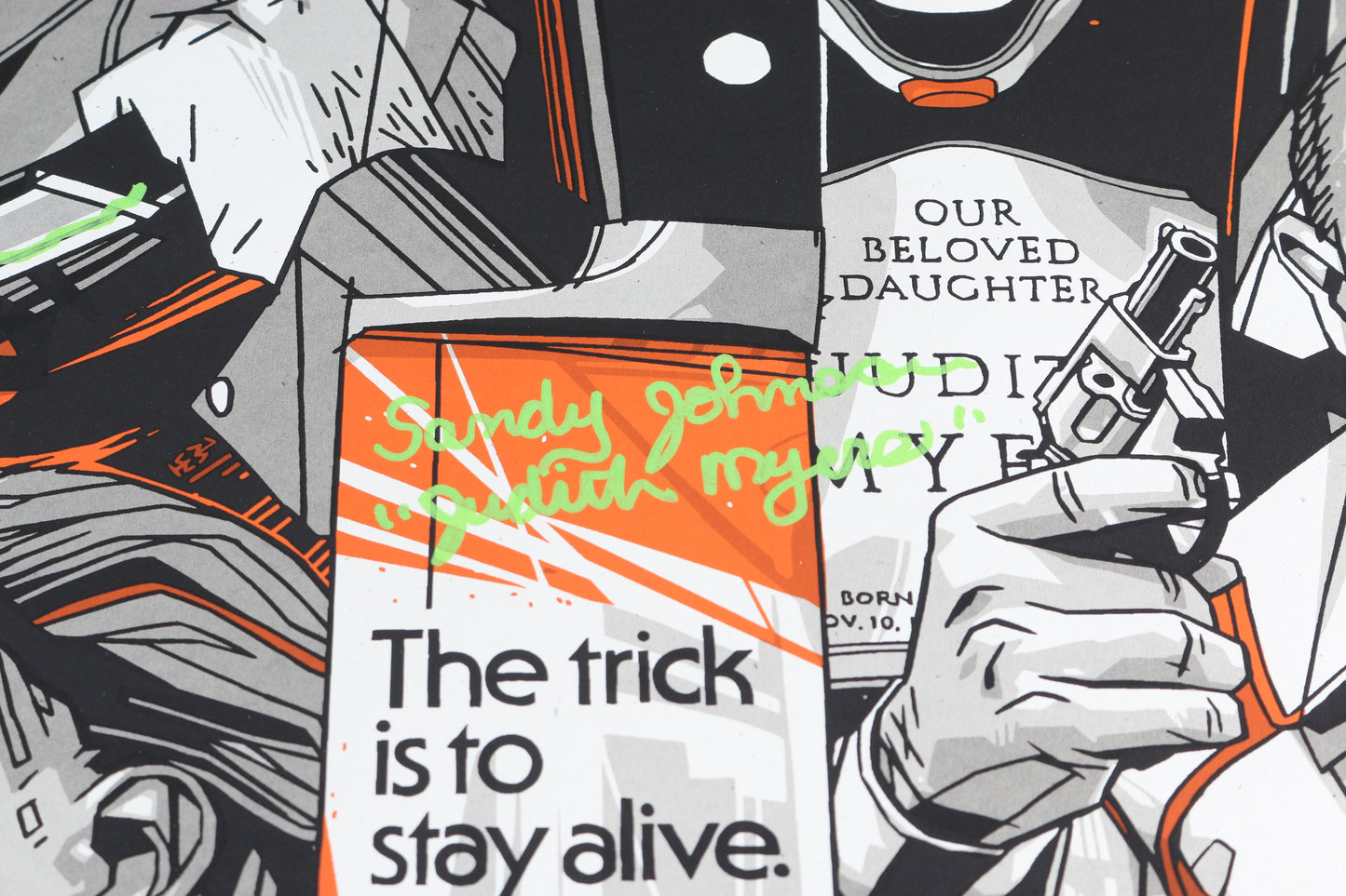 
                  
                    Halloween (JSA) Tyler Stout Limited Edition 24x36 Screen Print Poster Cast Signed by John Carpenter, Nancy Loomis, P.J. Soles, Nick Castle, Tommy Lee Wallace, Charles Cyphers, Sandy Johnson, & Will Sandin with Character Names & Quotes
                  
                