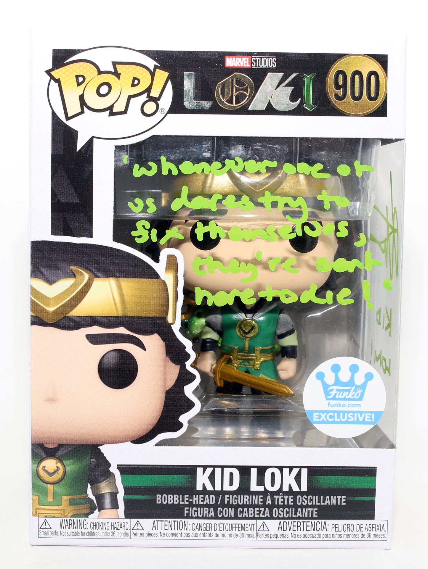 
                  
                    Jack Veal as Kid Loki in Loki Funko Store Exclusive (JSA) Signed Funko POP! #900 with Character Name & Quote
                  
                