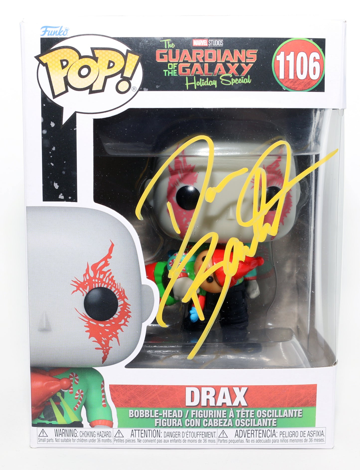 
                  
                    Dave Bautista as Drax in Guardians of the Galaxy Holiday Special Signed Funko POP! #1106
                  
                