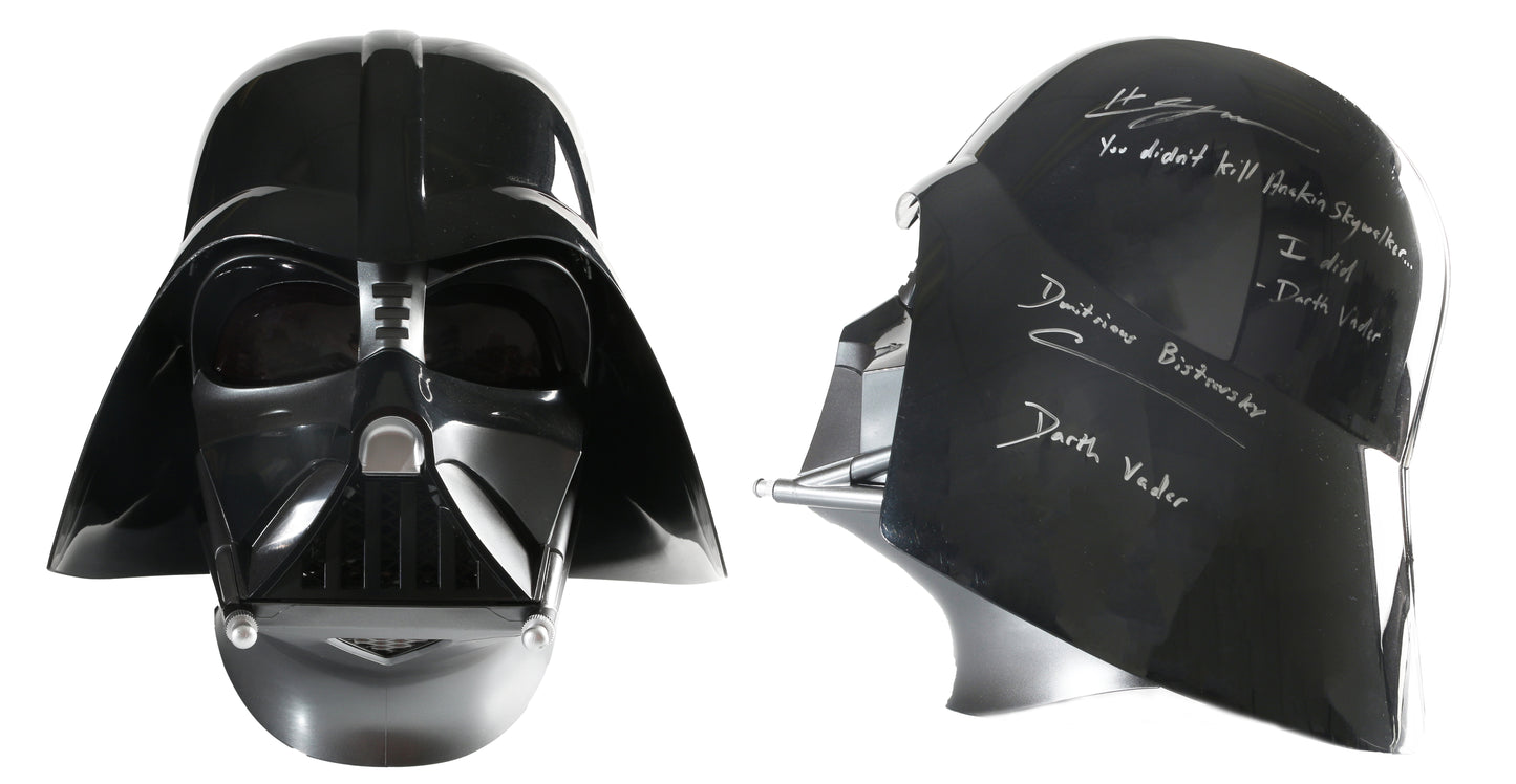 
                  
                    Hayden Christensen & Dmitrious Bistrevsky as Darth Vader in Star Wars: Obi-Wan Kenobi (JSA) Signed Hasbro The Black Series Prop Replica Darth Vader Helmet with Character Names & Quote
                  
                