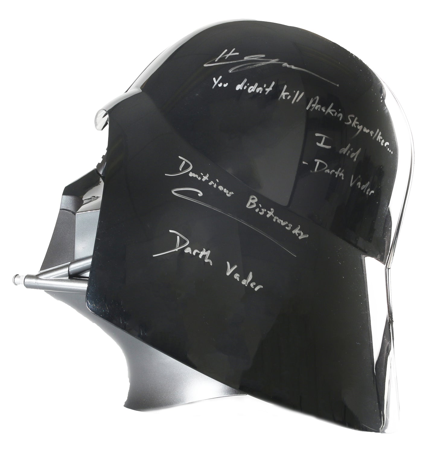 
                  
                    Hayden Christensen & Dmitrious Bistrevsky as Darth Vader in Star Wars: Obi-Wan Kenobi (JSA) Signed Hasbro The Black Series Prop Replica Darth Vader Helmet with Character Names & Quote
                  
                