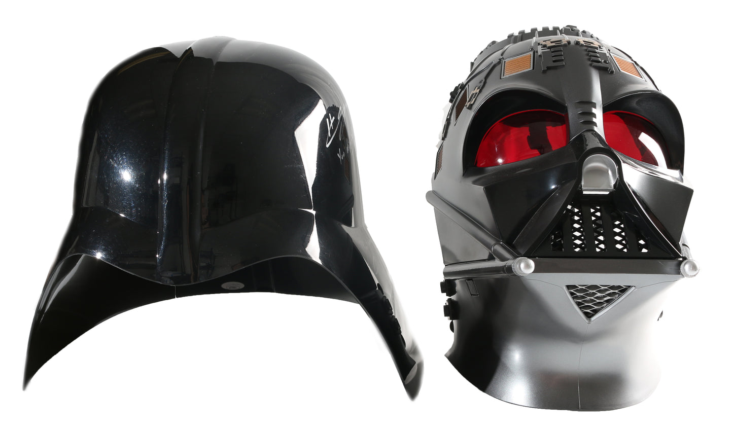 
                  
                    Hayden Christensen & Dmitrious Bistrevsky as Darth Vader in Star Wars: Obi-Wan Kenobi (JSA) Signed Hasbro The Black Series Prop Replica Darth Vader Helmet with Character Names & Quote
                  
                