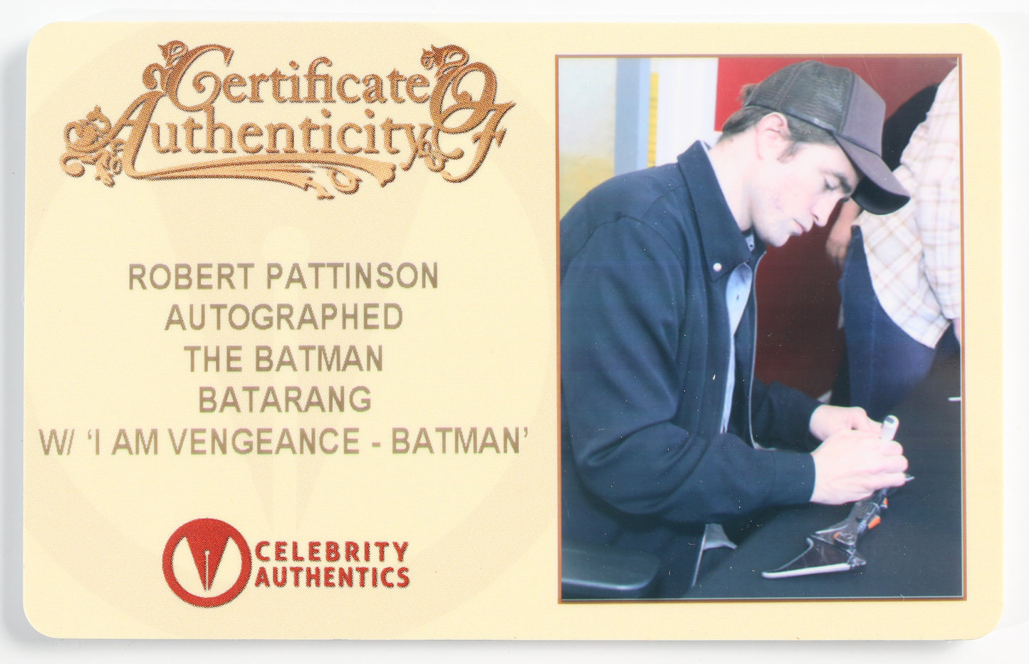 
                  
                    Robert Pattinson as Batman in The Batman Signed Factory Entertainment LE #398 Prop Replica Batarang with Character Name & Quote
                  
                