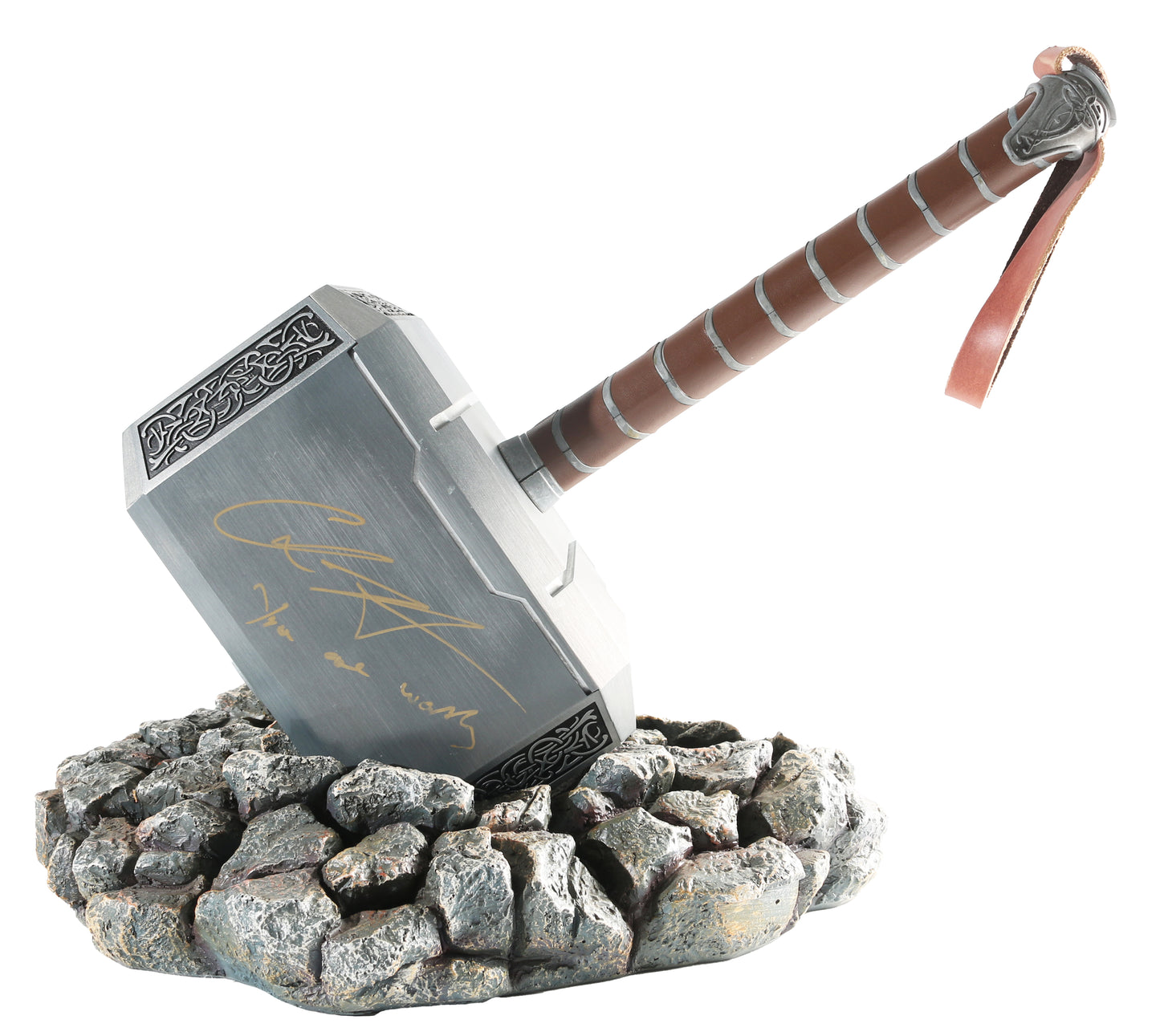 
                  
                    Chris Hemsworth as Thor, Cate Blanchett as Hela, & Taika Waititi as Korg / Director of Thor: Ragnarok (SWAU) Signed Heavy Metal & Leather Prop Replica Mjolnir Hammer with Character Name & Great Quote
                  
                