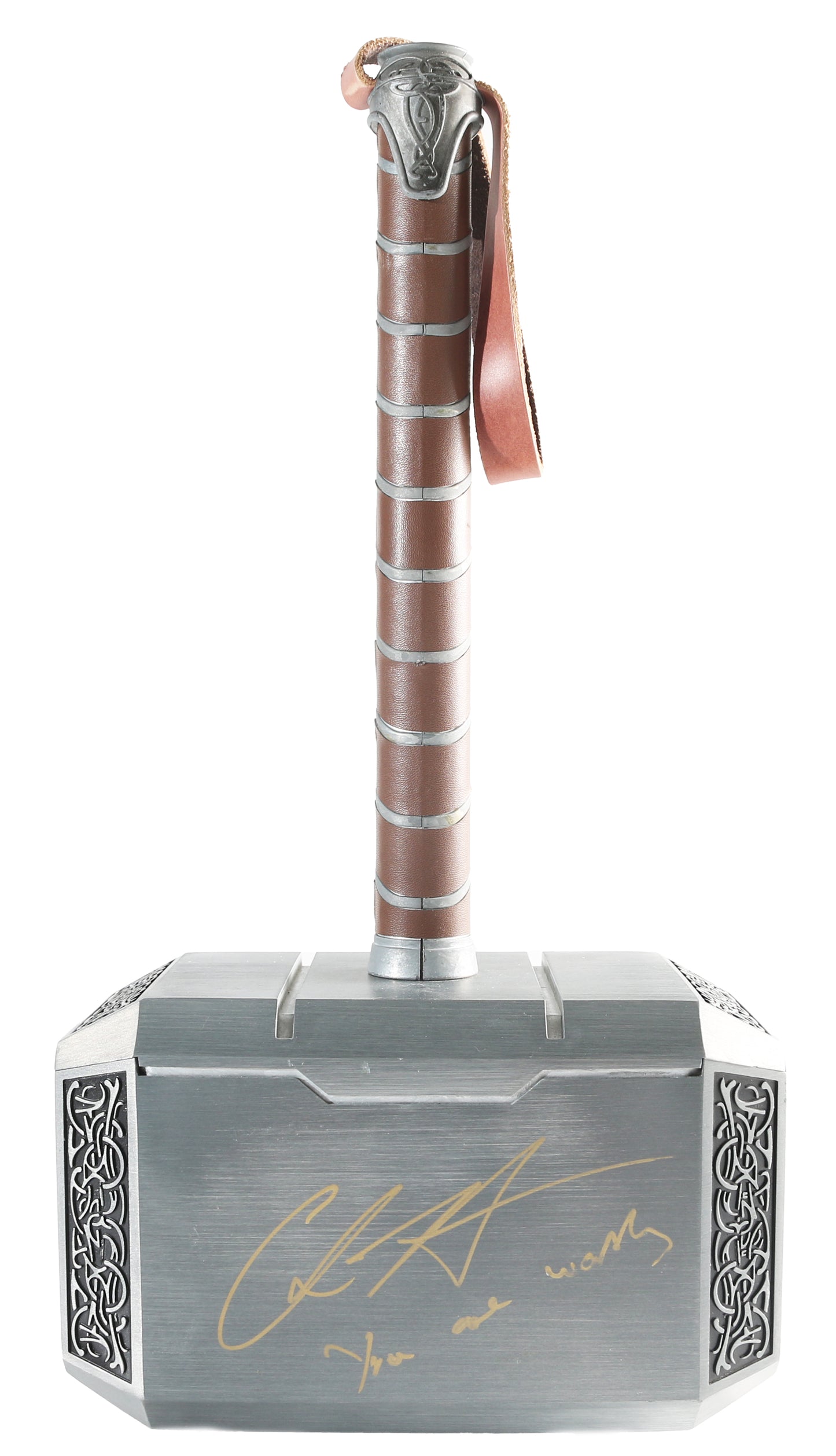 
                  
                    Chris Hemsworth as Thor, Cate Blanchett as Hela, & Taika Waititi as Korg / Director of Thor: Ragnarok (SWAU) Signed Heavy Metal & Leather Prop Replica Mjolnir Hammer with Character Name & Great Quote
                  
                