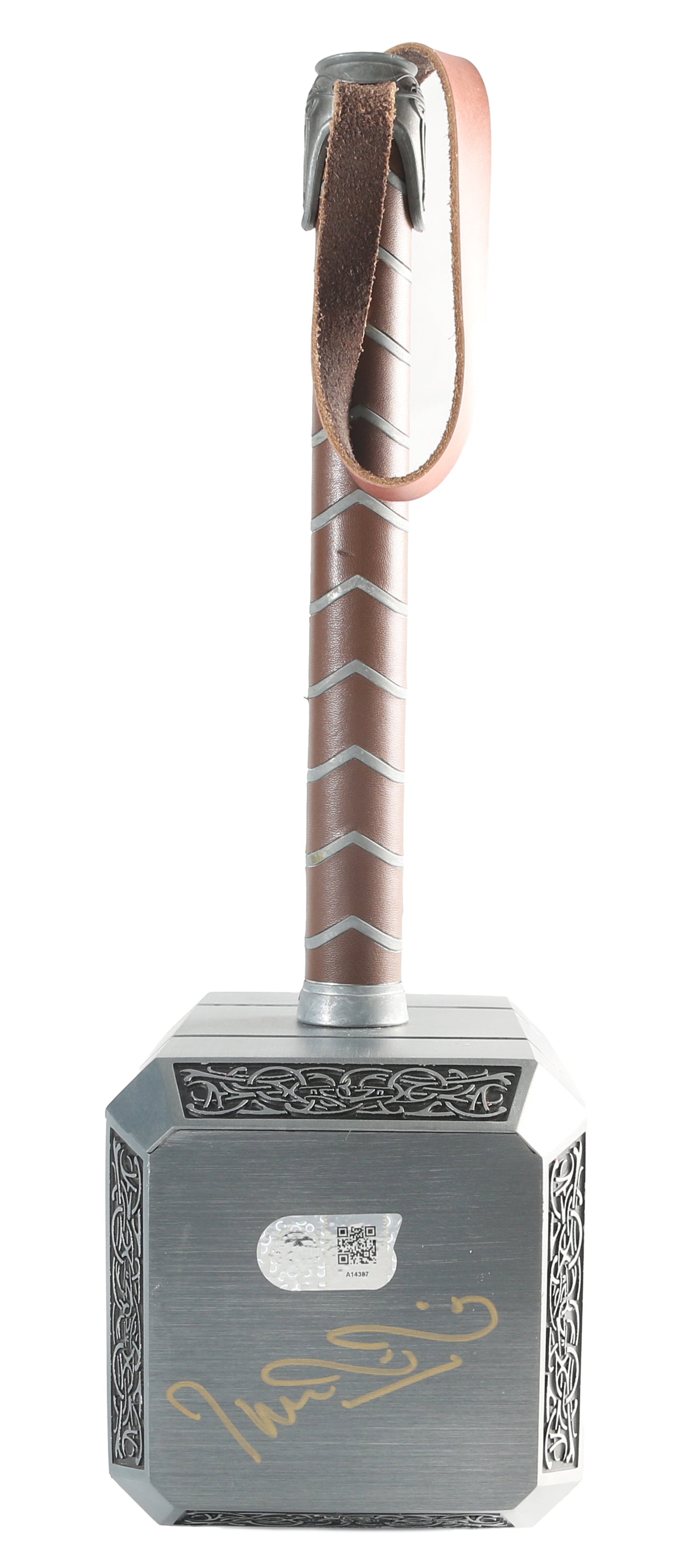 
                  
                    Chris Hemsworth as Thor, Cate Blanchett as Hela, & Taika Waititi as Korg / Director of Thor: Ragnarok (SWAU) Signed Heavy Metal & Leather Prop Replica Mjolnir Hammer with Character Name & Great Quote
                  
                