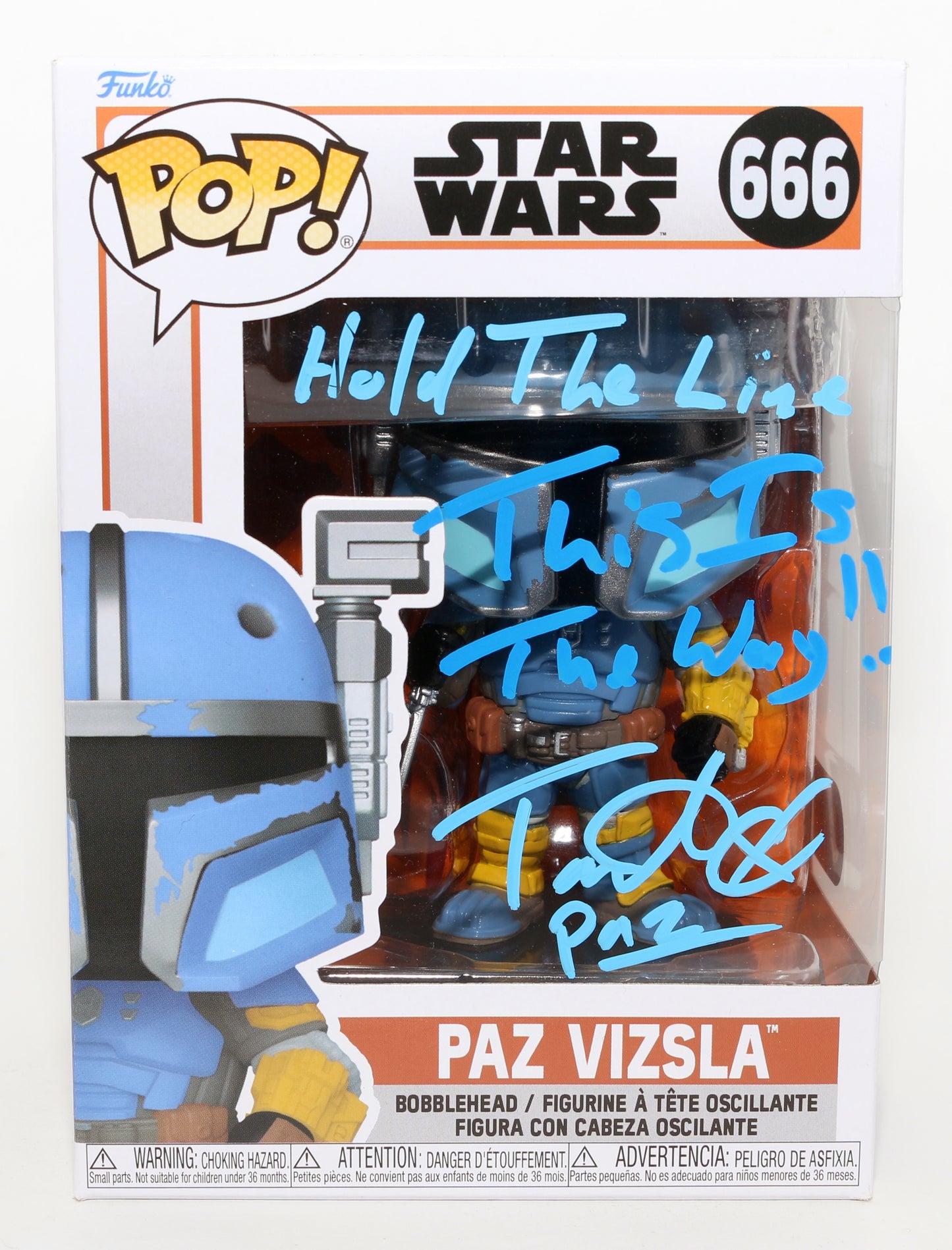 
                  
                    Tait Fletcher as Paz Vizsla in Star Wars: The Mandalorian (SWAU) Signed Funko POP! #666 with Character Name & Quotes
                  
                