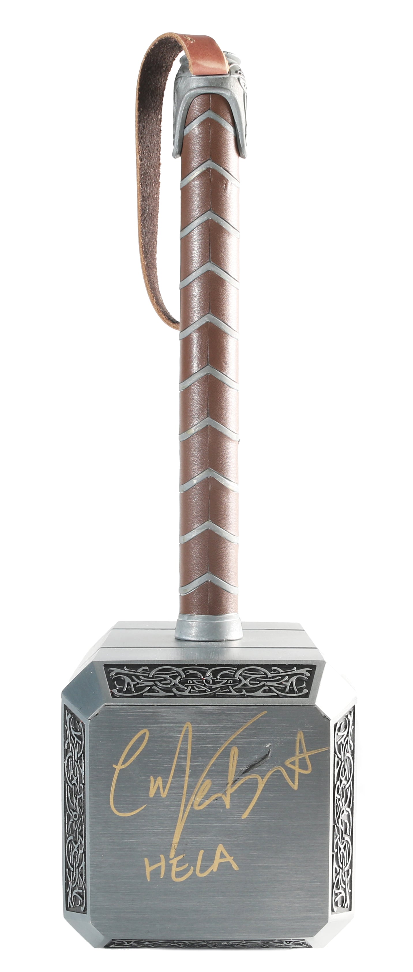 
                  
                    Chris Hemsworth as Thor, Cate Blanchett as Hela, & Taika Waititi as Korg / Director of Thor: Ragnarok (SWAU) Signed Heavy Metal & Leather Prop Replica Mjolnir Hammer with Character Name & Great Quote
                  
                