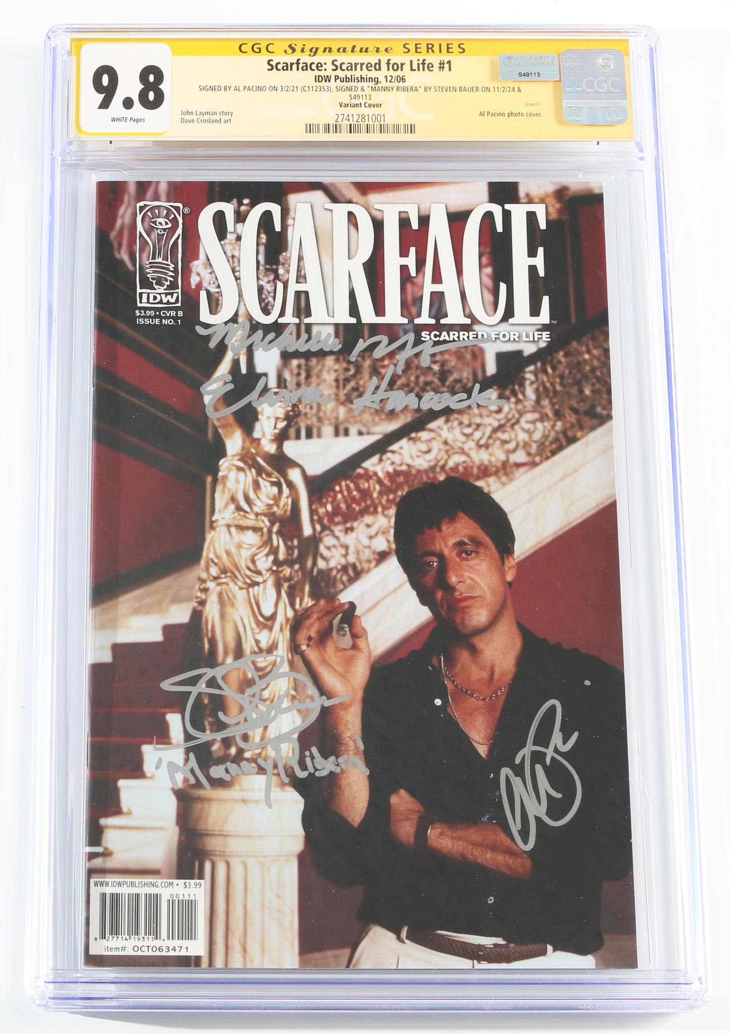 
                  
                    Scarface: Scarred for Life #1 - Al Pacino as Tony Montana, Steven Bauer as Manny Ribera, & Michelle Pfeiffer as Elvira Hancock - CGC Signature Series 9.8 - 2006
                  
                