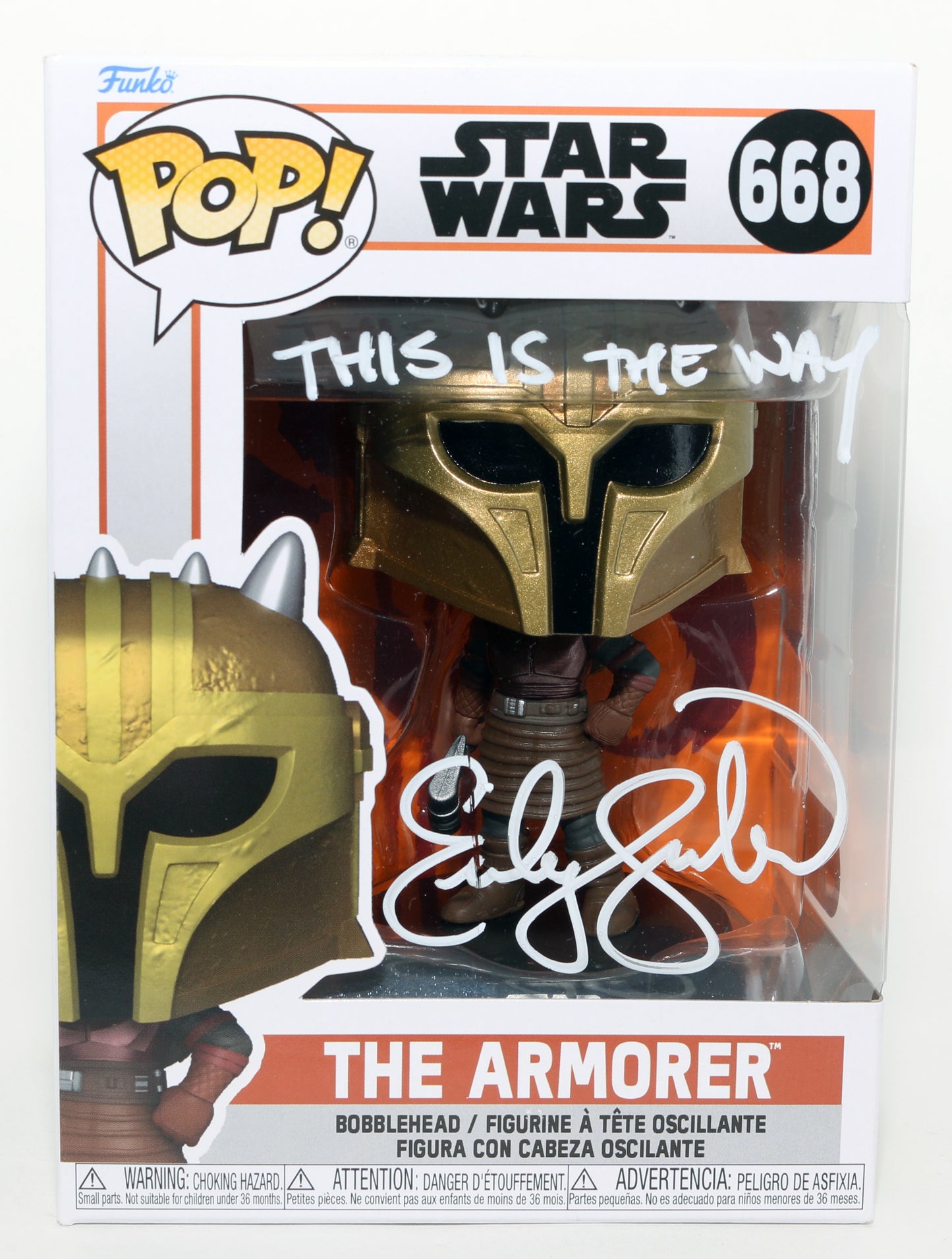 
                  
                    Emily Swallow as the Armorer in Star Wars: The Mandalorian (SWAU) Signed Funko POP! #668 with Quote
                  
                
