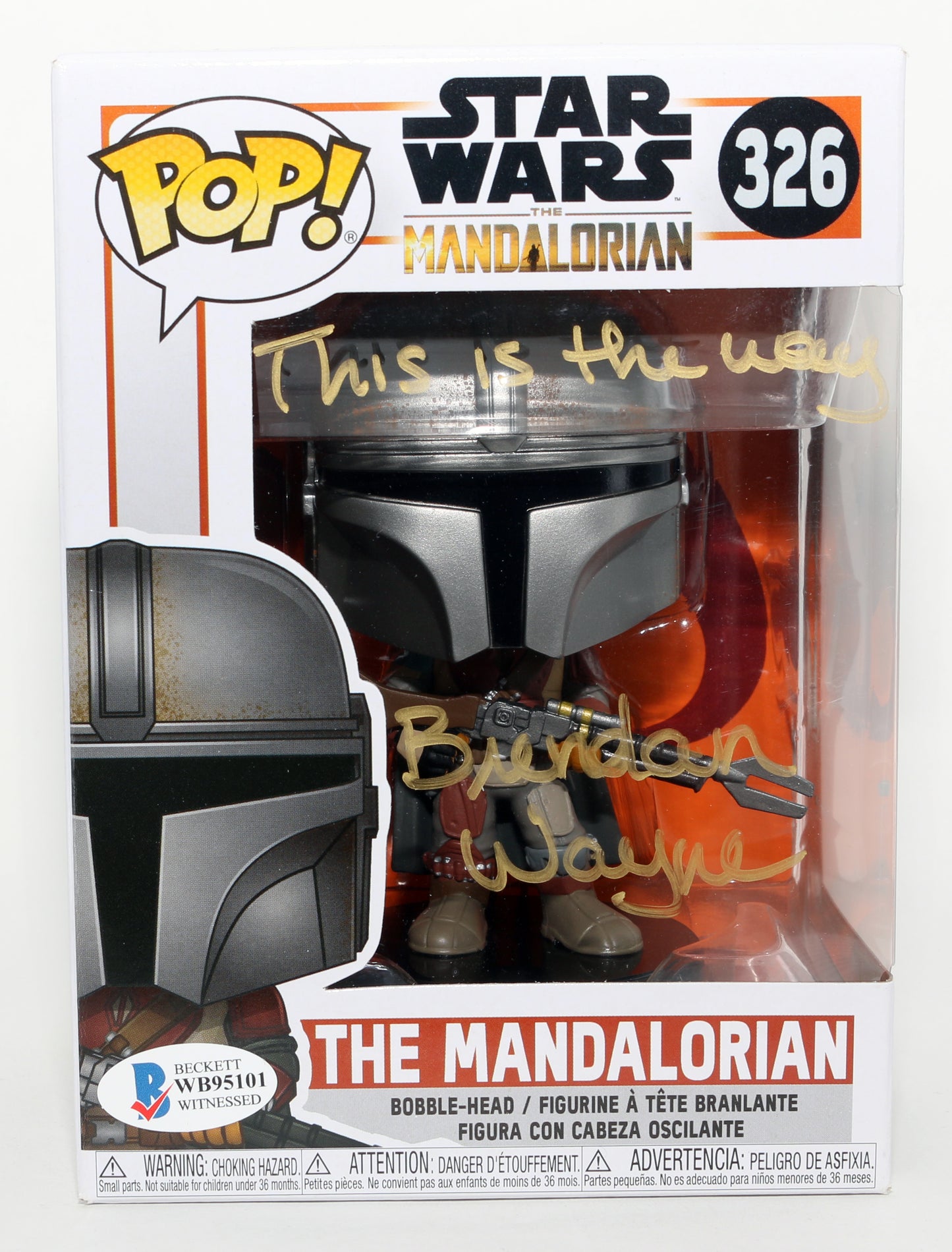 
                  
                    Brendan Wayne as The Mandalorian in Star Wars: The Mandalorian (Beckett) Signed Funko POP! #326 with Quote
                  
                