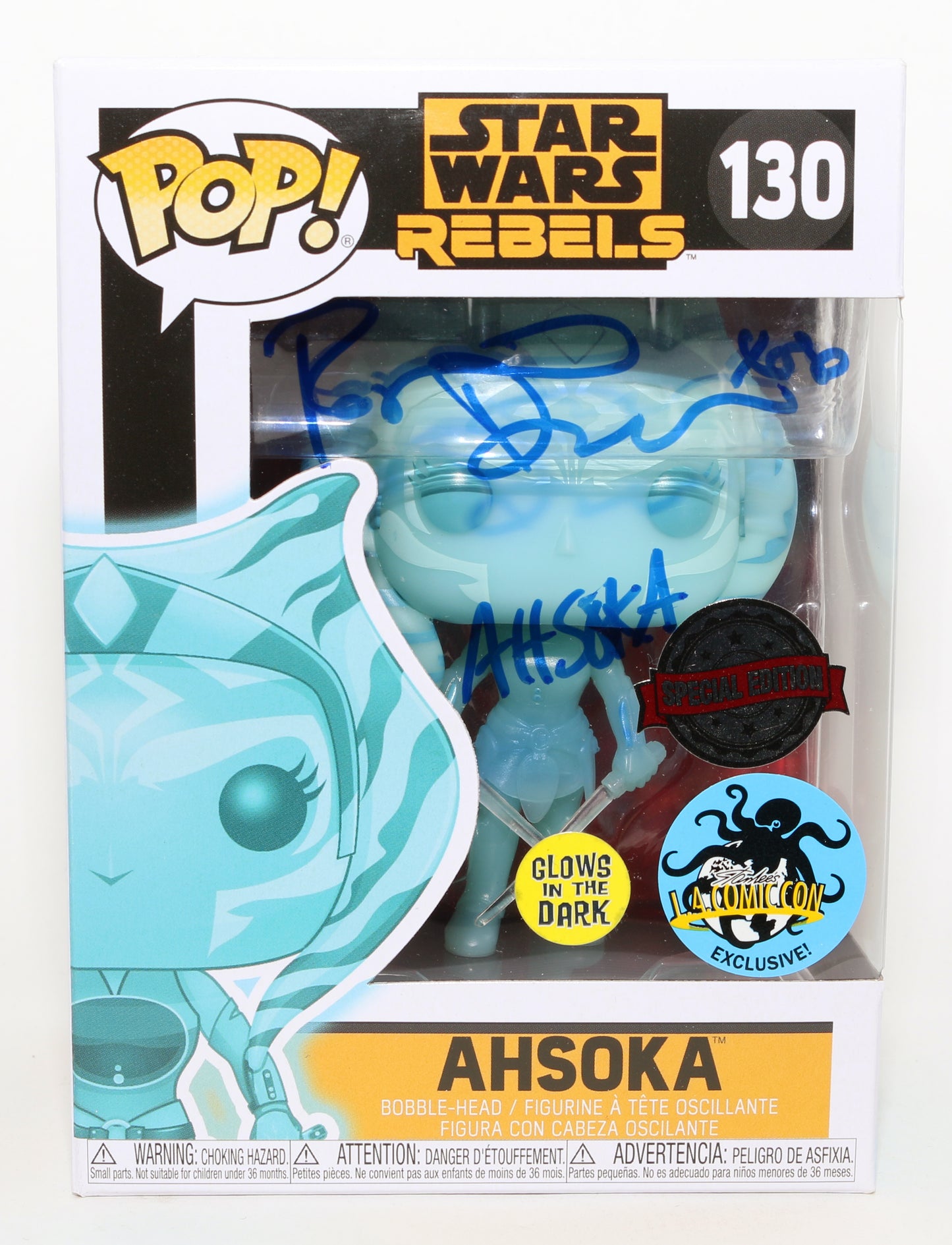 
                  
                    Rosario Dawson as Ahsoka Tano in Ahsoka GITD Special Edition LA Comic Con Exclusive (JSA) Signed Funko POP! #130 with Character Name
                  
                