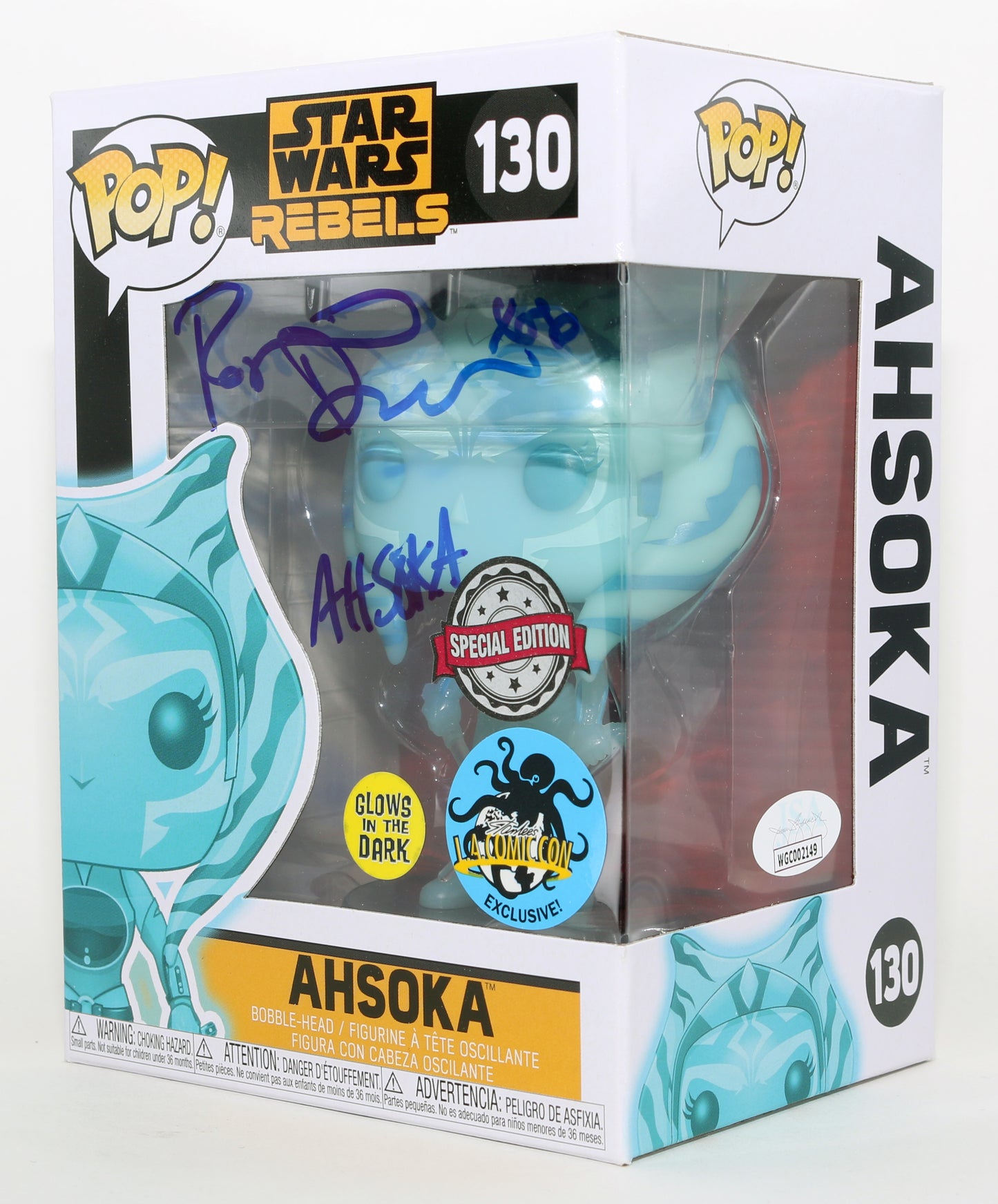 
                  
                    Rosario Dawson as Ahsoka Tano in Ahsoka GITD Special Edition LA Comic Con Exclusive (JSA) Signed Funko POP! #130 with Character Name
                  
                