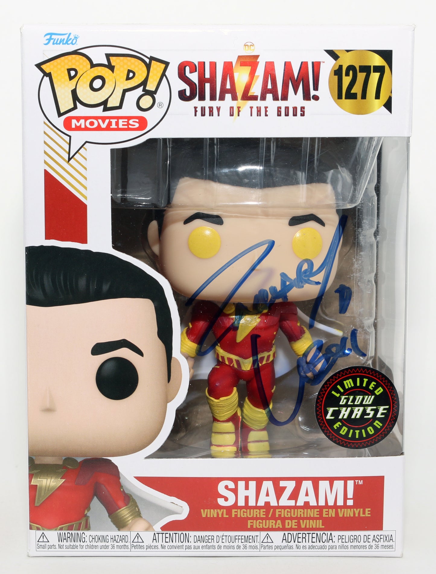 
                  
                    Zachary Levi as Shazam in Shazam! GITD Chase (JSA / SWAU) Signed Funko POP! #1277
                  
                