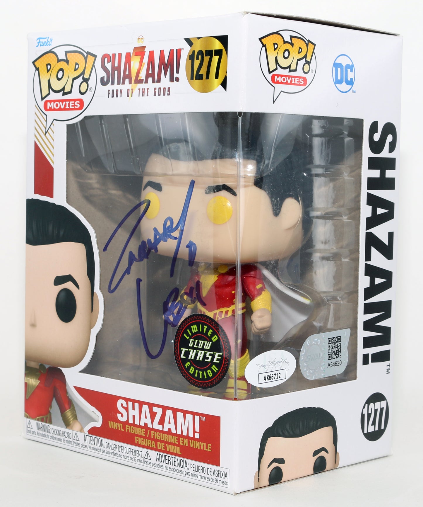
                  
                    Zachary Levi as Shazam in Shazam! GITD Chase (JSA / SWAU) Signed Funko POP! #1277
                  
                
