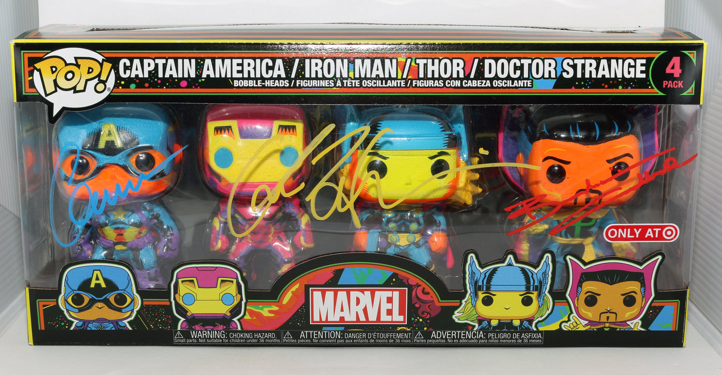 
                  
                    Chris Evans as Captain America, Chris Hemsworth as Thor, & Benedict Cumberbatch as Doctor Strange in The Avengers Target Exclusive (Beckett / SWAU) Signed Funko POP! 4-Pack
                  
                