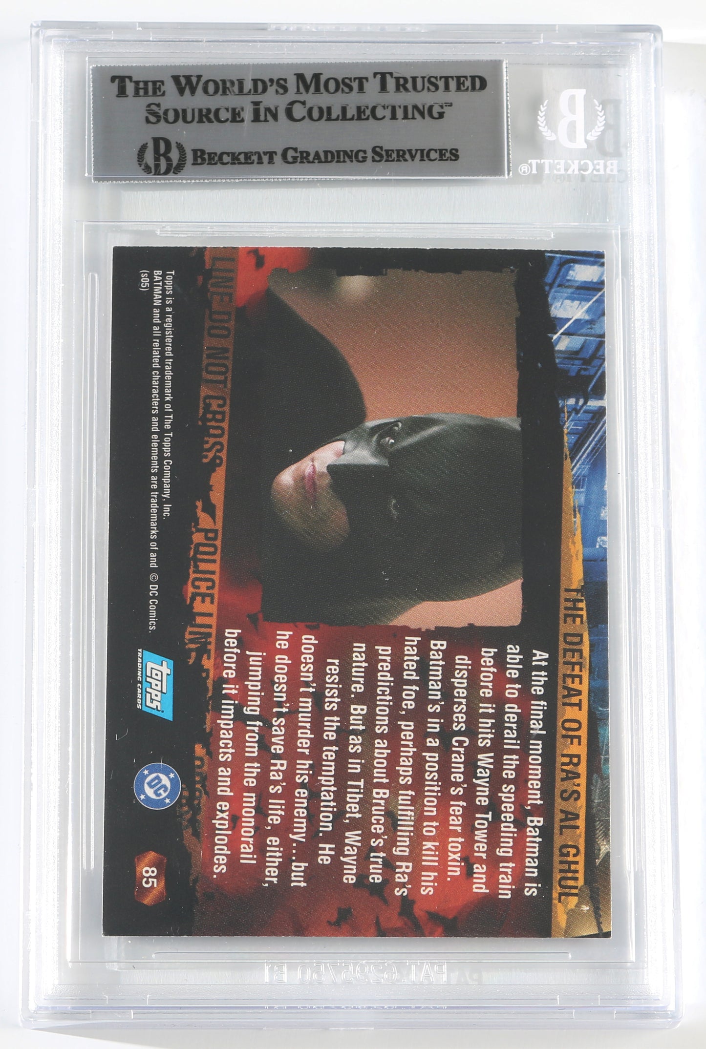 
                  
                    Christian Bale as Batman in Batman Begins (Beckett Encapsulated) Signed 2005 Topps 'The Defeat of Ra's Al Ghul' Trading Card #85
                  
                