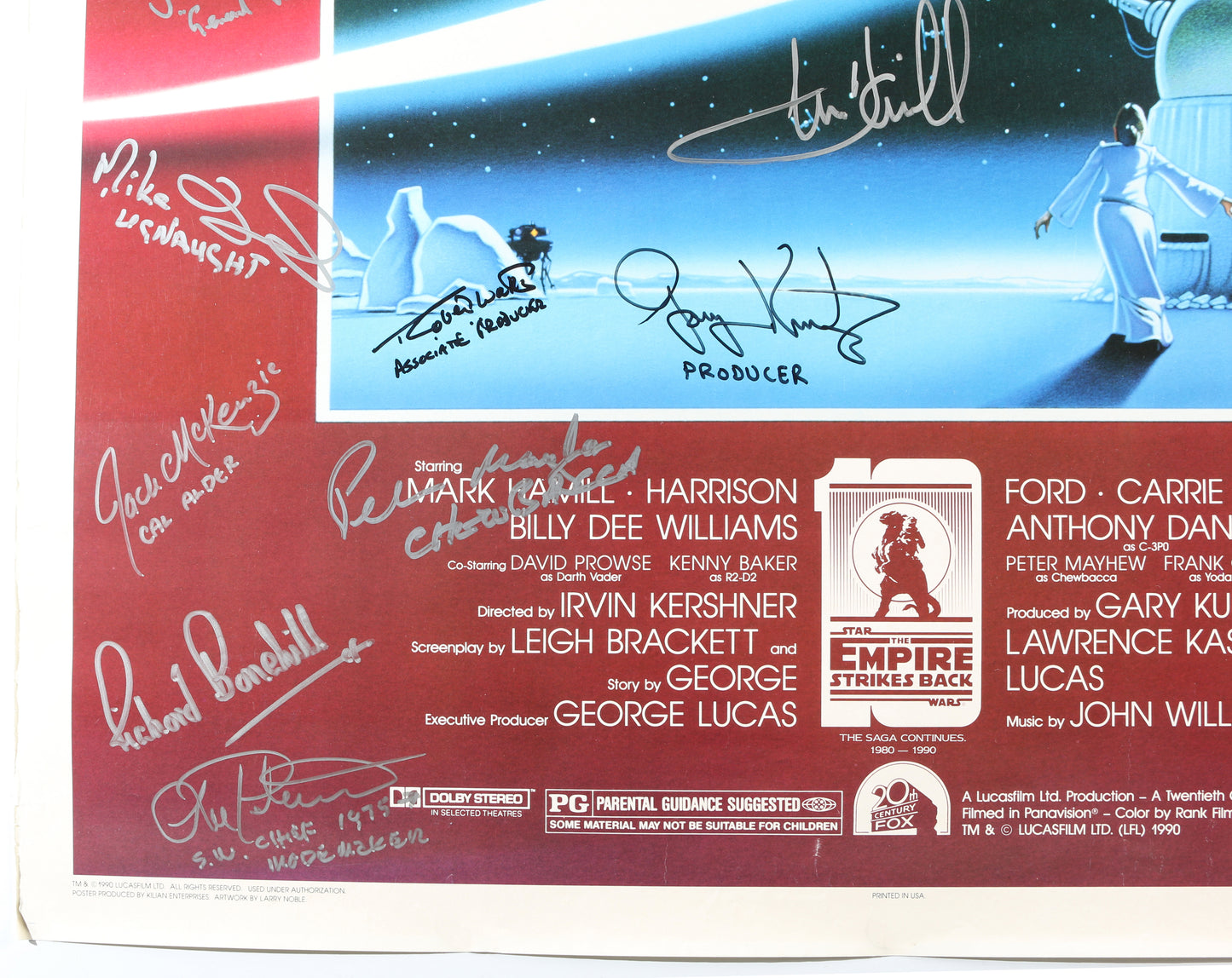 
                  
                    Star Wars: The Empire Strikes Back 27x41 Poster Cast Signed by Harrison Ford, Carrie Fisher, Mark Hamill, Irvin Kershner, Peter Mayhew, Jeremy Bulloch, Anthony Daniels, Kenny Baker, Billy Dee Williams, Gary Kurtz, & More
                  
                