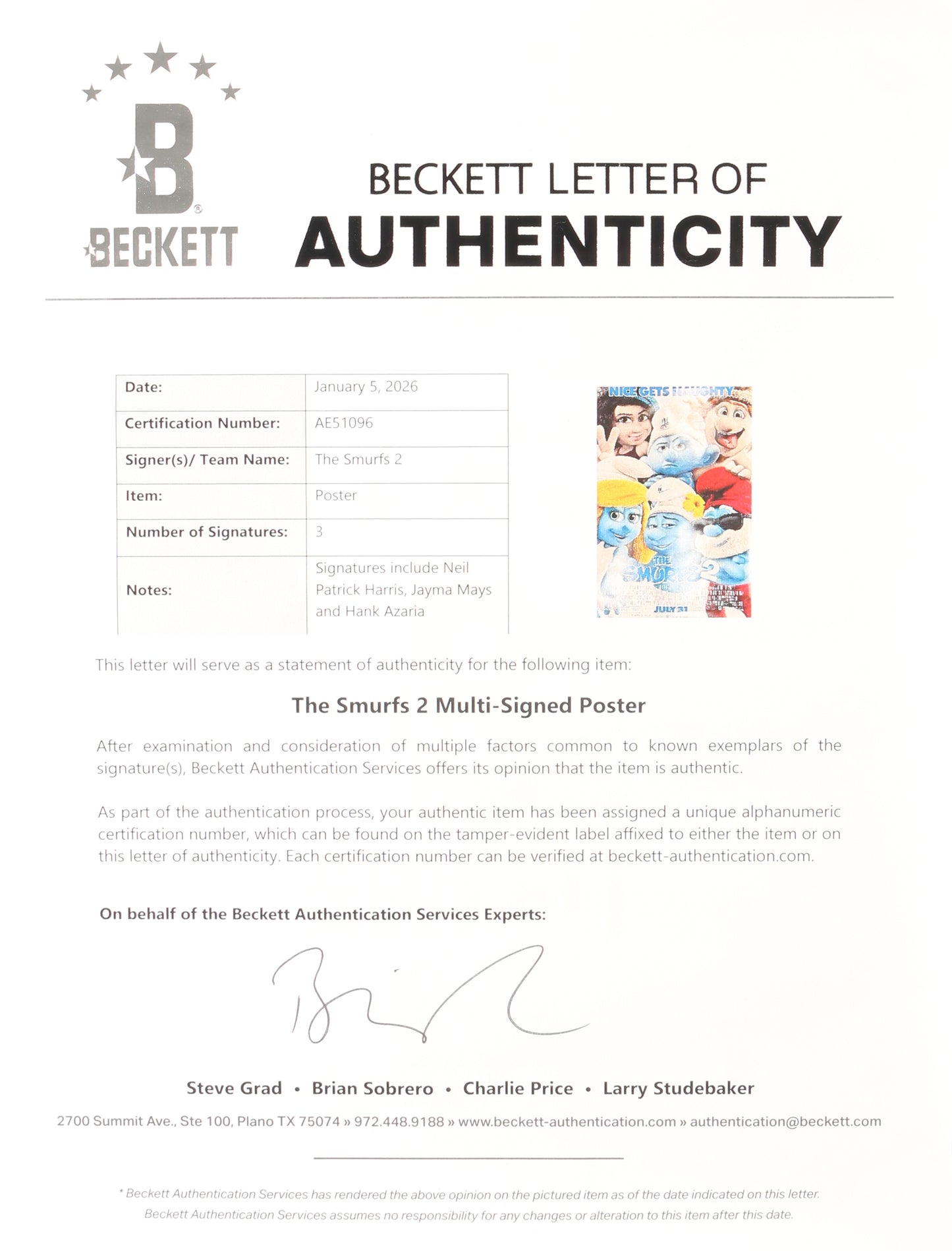 
                  
                    Hank Azaria as Gargamel & Neil Patrick Harris as Patrick in The Smurfs 2 (Beckett) Signed 27x40 Poster
                  
                