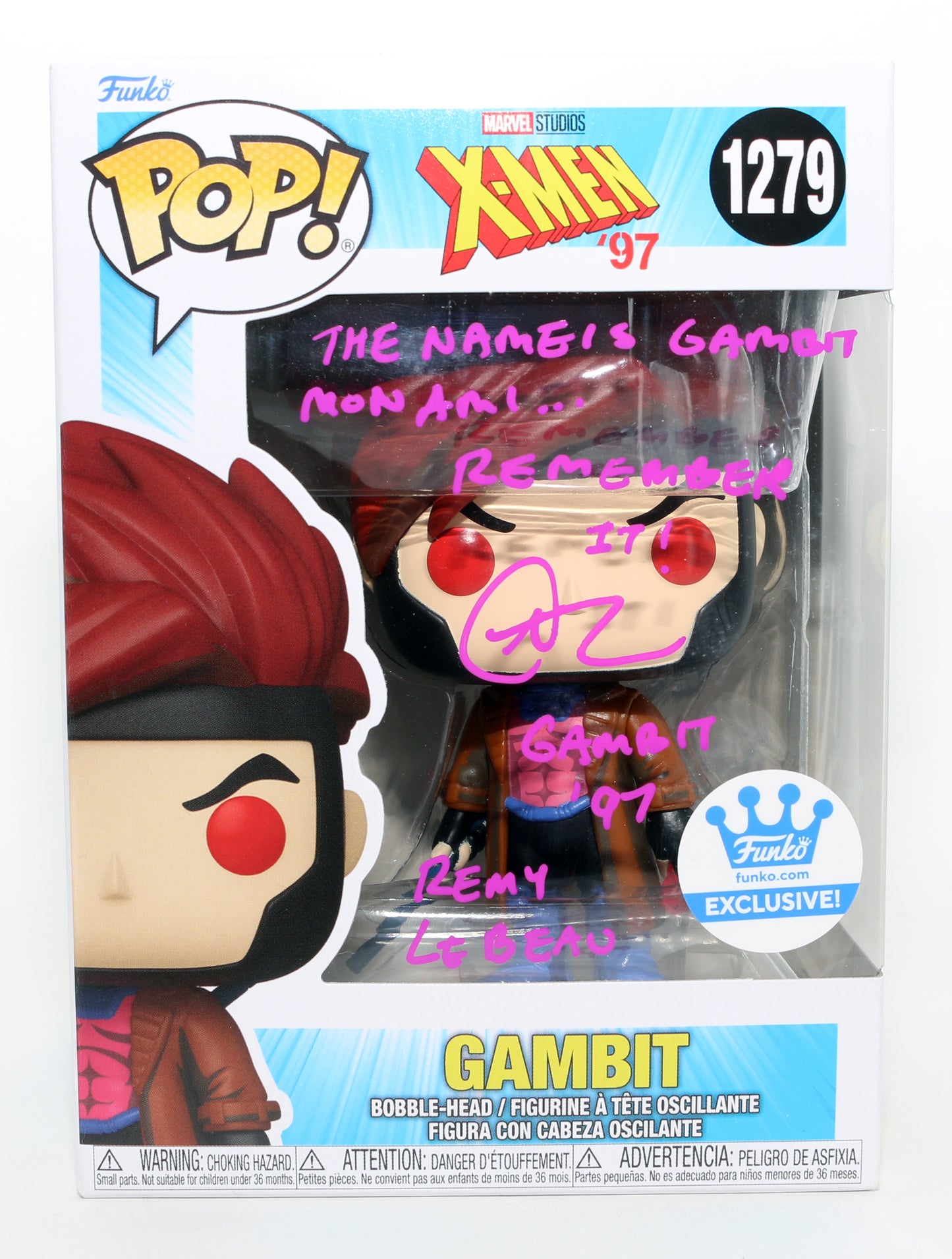 
                  
                    A.J. LoCascio as Remy LeBeau / Gambit in X-Men '97 Funko Exclusive (JSA) Signed Funko POP! #1279 with Character Name & Quote
                  
                