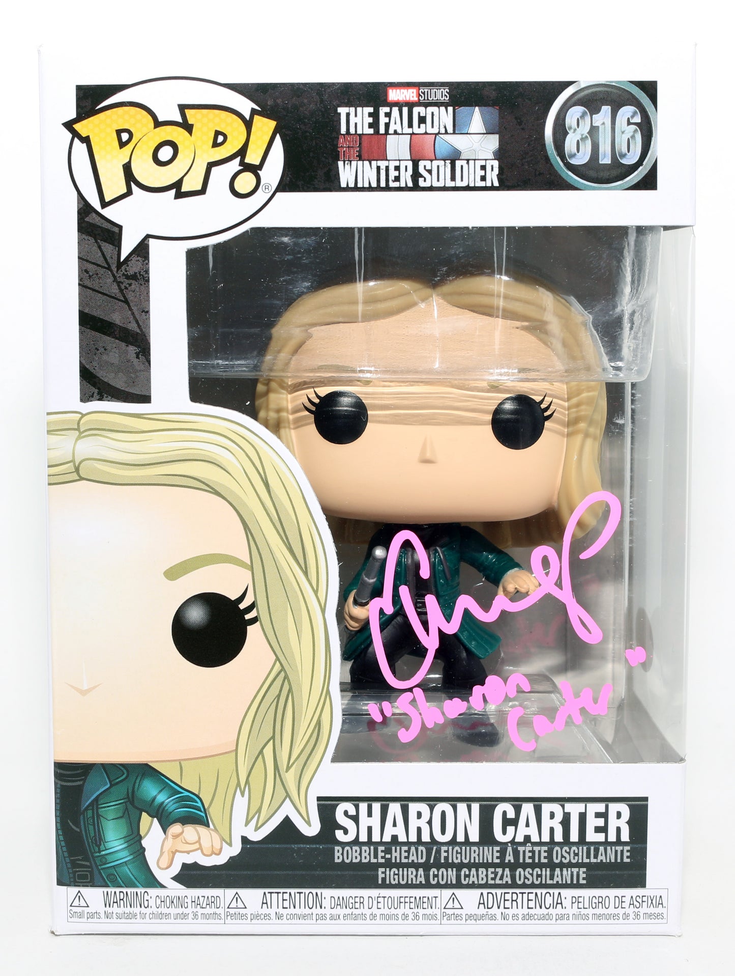 
                  
                    Emily VanCamp as Sharon Carter in Falcon & the Winter Soldier (JSA) Signed Funko POP! #816 with Character Name
                  
                