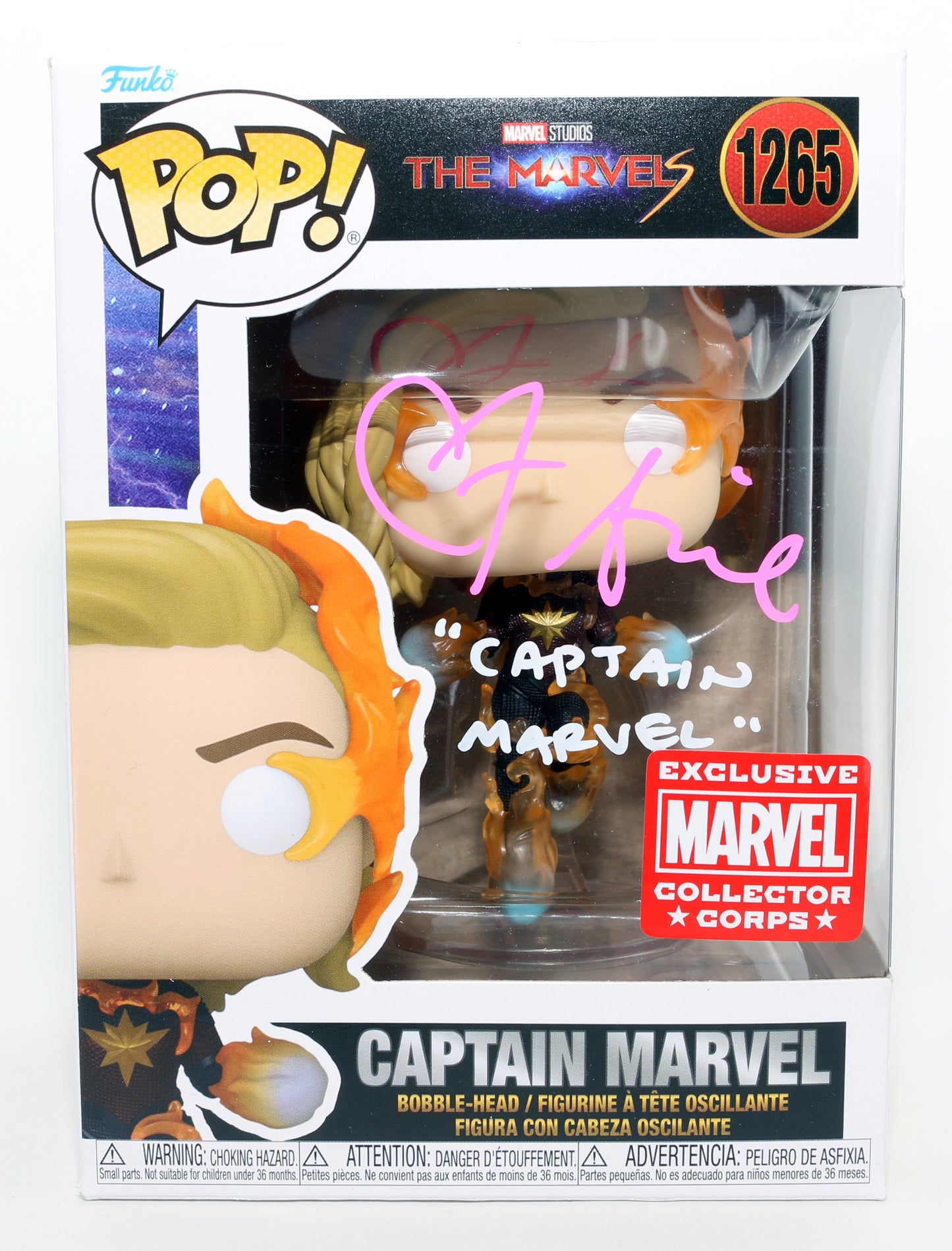 
                  
                    Brie Larson as Captain Marvel in Captain Marvel Marvel Collector Corps Exclusive (JSA) Signed Funko POP! #1265 with Character Name
                  
                