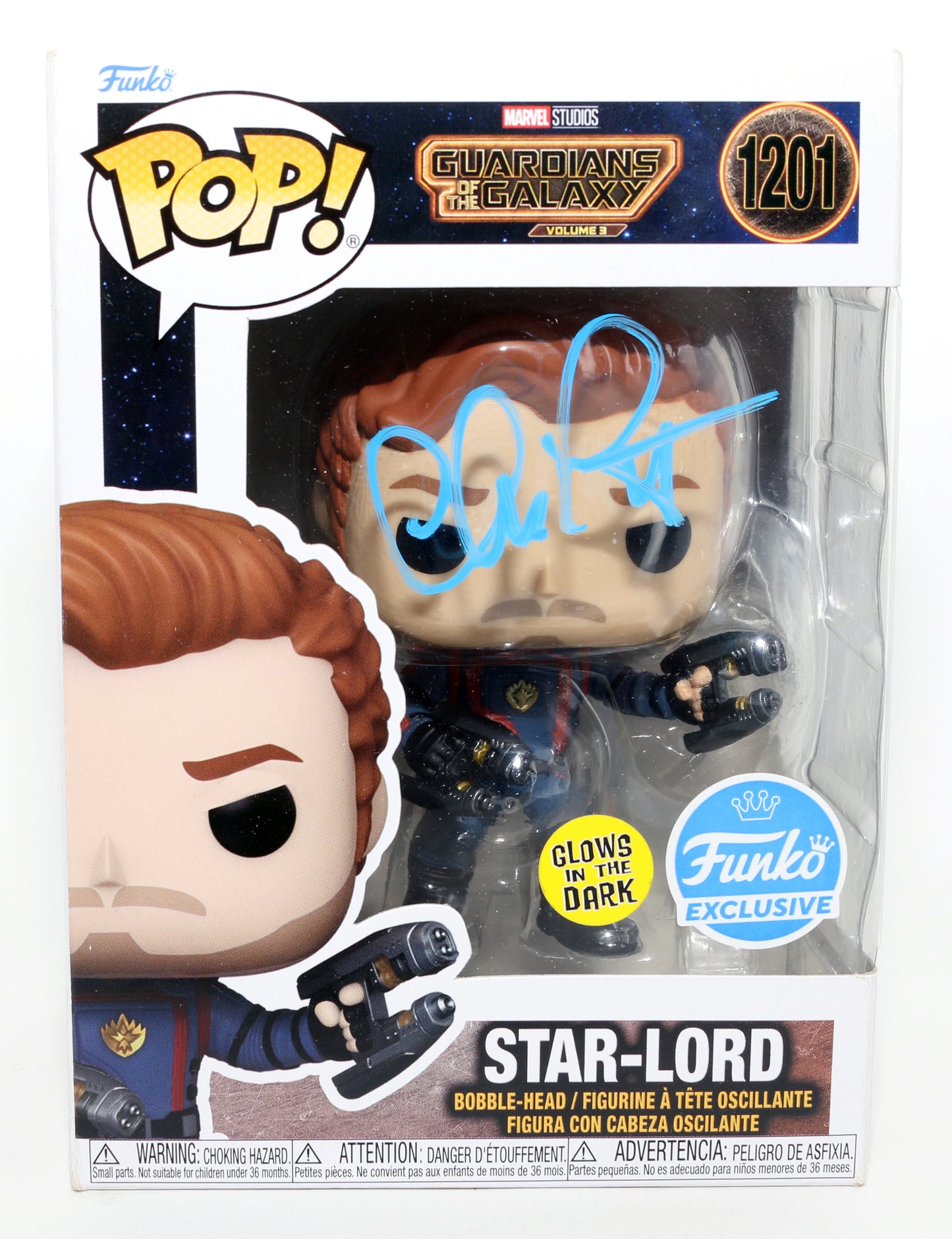 
                  
                    Chris Pratt as Peter Quill / Star-Lord in Guardians of the Galaxy Vol. 3 Funko Exclusive GITD (JSA) Signed Funko POP! #1201
                  
                