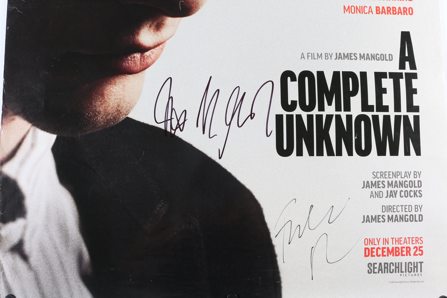 
                  
                    A Complete Unknown 27x40 Poster Cast Signed by Monica Barbaro, Boyd Holbrook, Producer: Fred Berger, & Director: James Mangold
                  
                